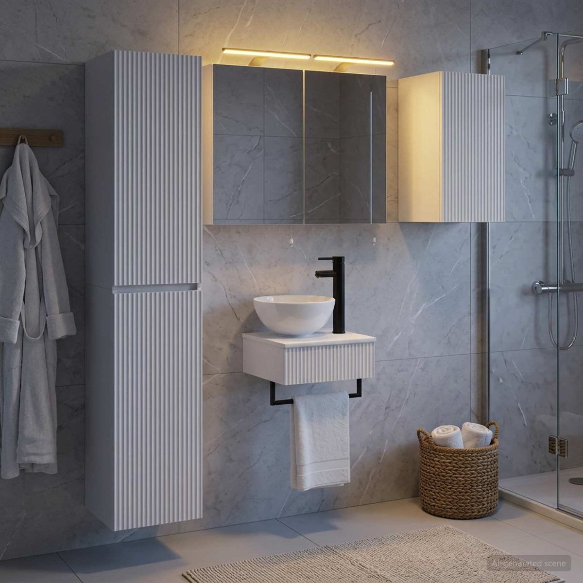 Badezimmermöbel-Set 5 stk. Weiß Ingenieurholz und Glas