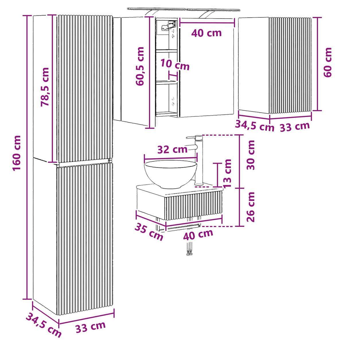Badezimmermöbel-Set 5 stk. Weiß Ingenieurholz und Glas