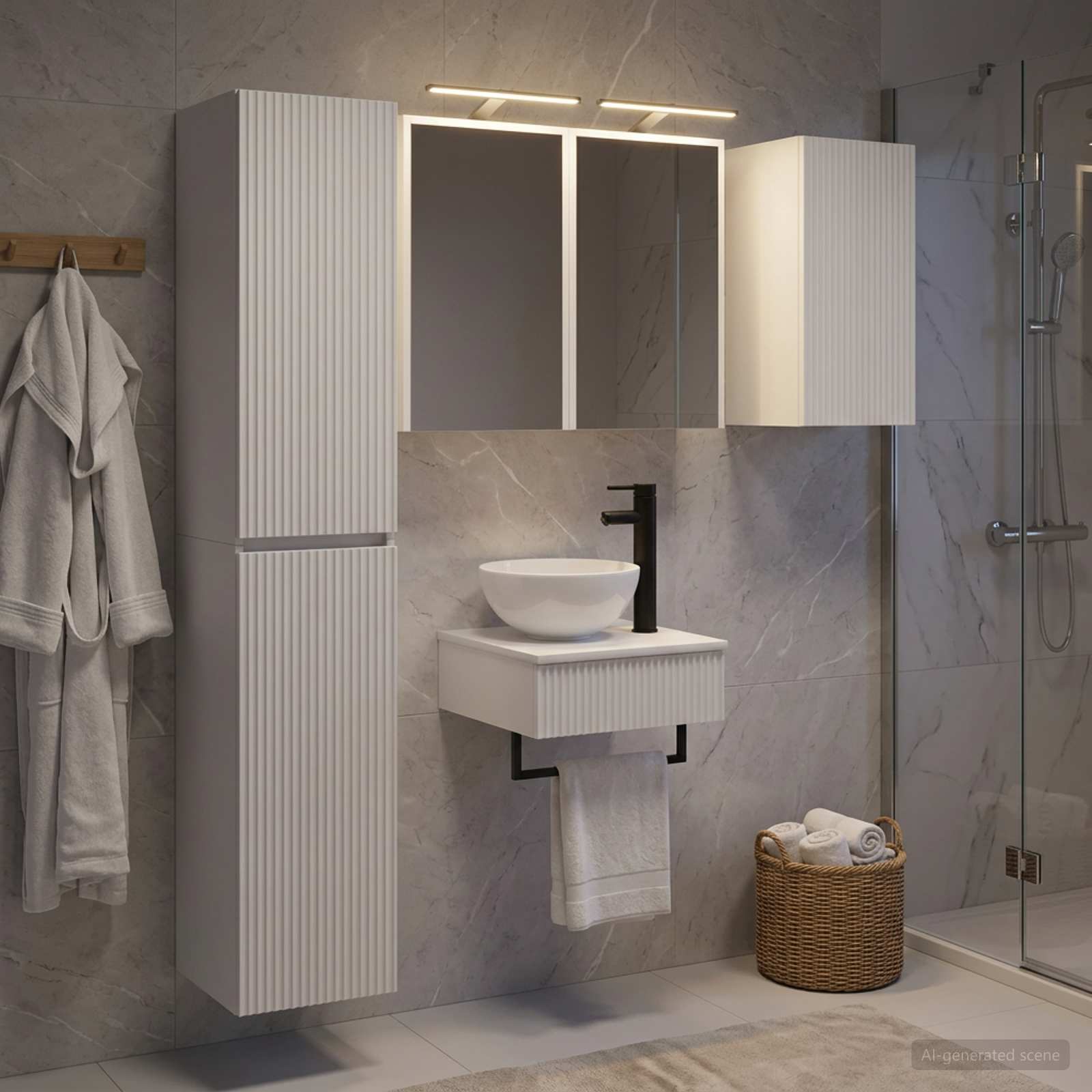 Badezimmermöbel-Set 5 stk. Weiß Ingenieurholz und Glas