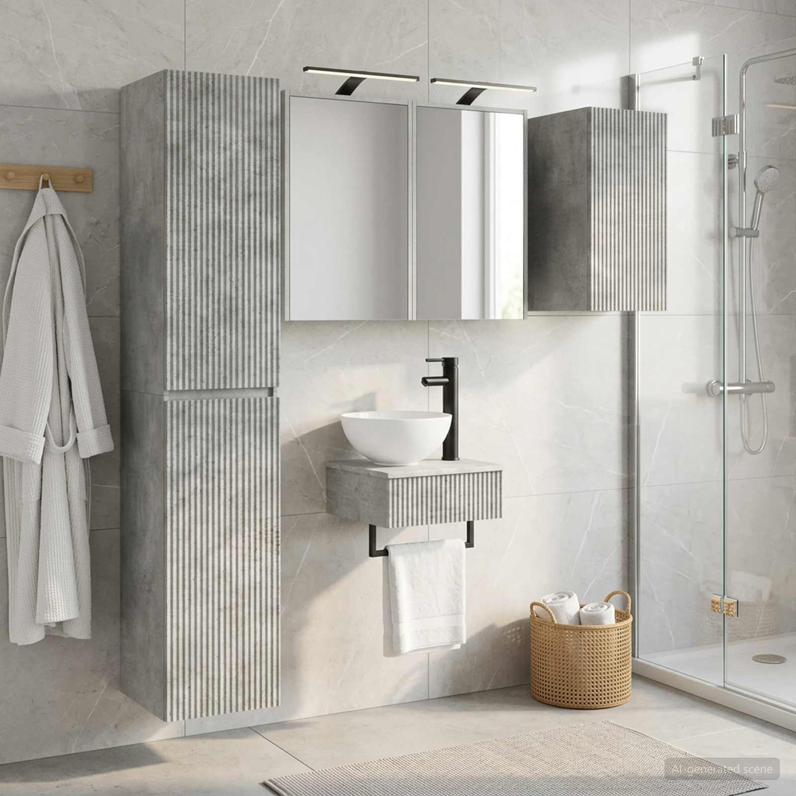 Badezimmermöbel-Set 5 stk. Betongrau Ingenieurholz und Glas