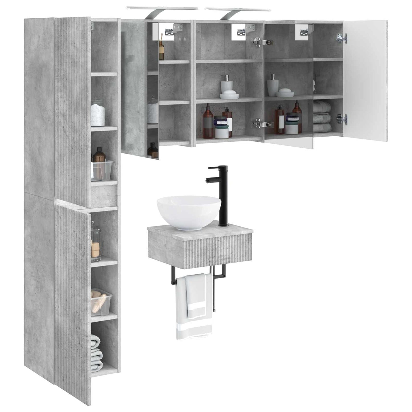 Badezimmermöbel-Set 5 stk. Betongrau Ingenieurholz und Glas