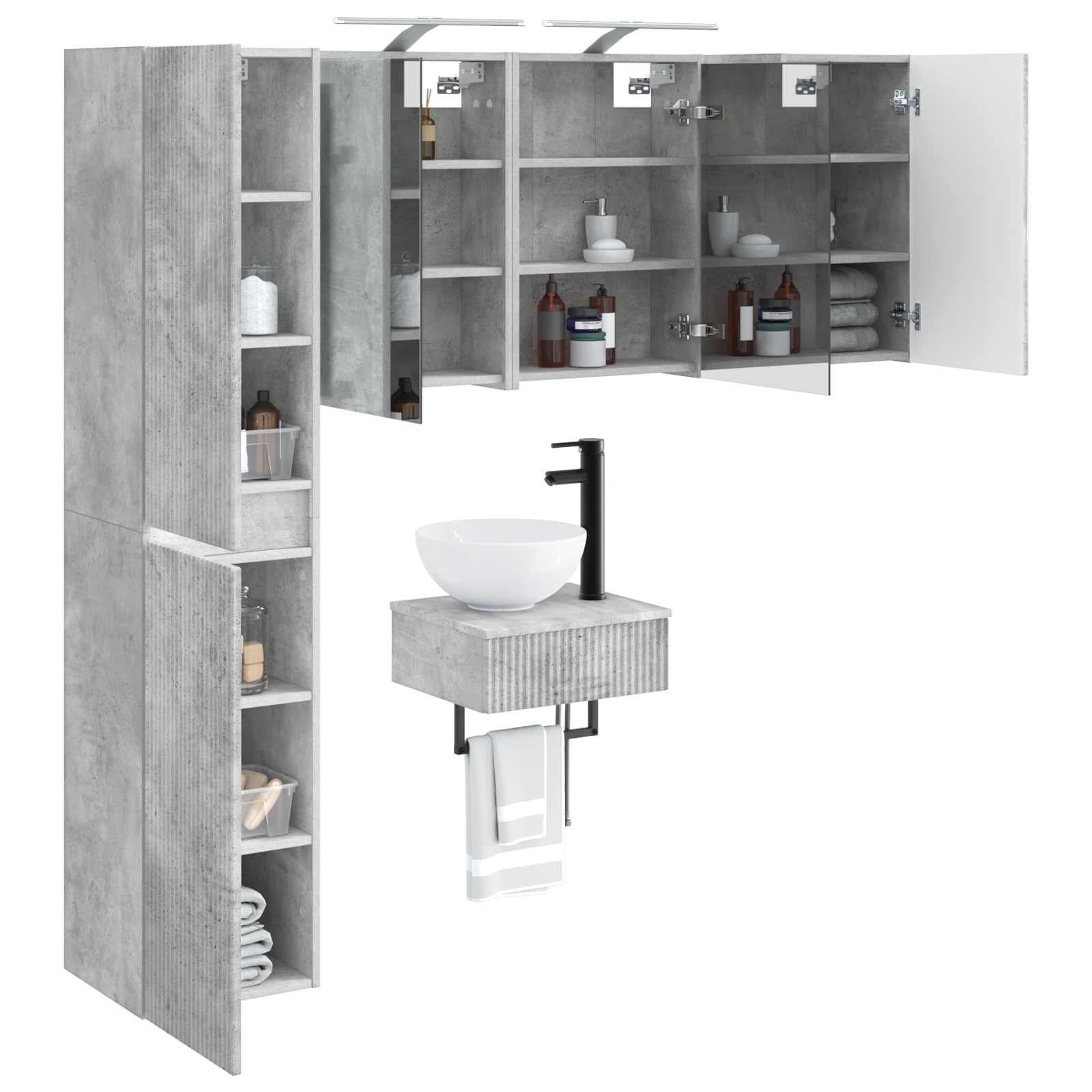 Badezimmermöbel-Set 5 stk. Betongrau Ingenieurholz und Glas