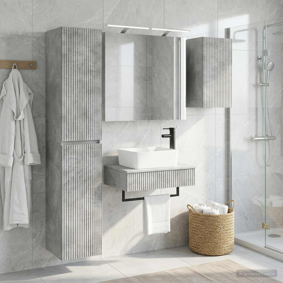 Badezimmermöbel-Set 5 stk. Betongrau Ingenieurholz und Glas