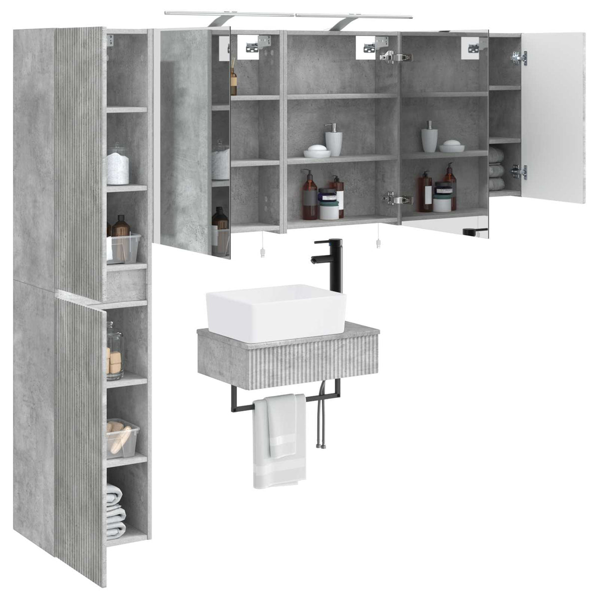 Badezimmermöbel-Set 5 stk. Betongrau Ingenieurholz und Glas