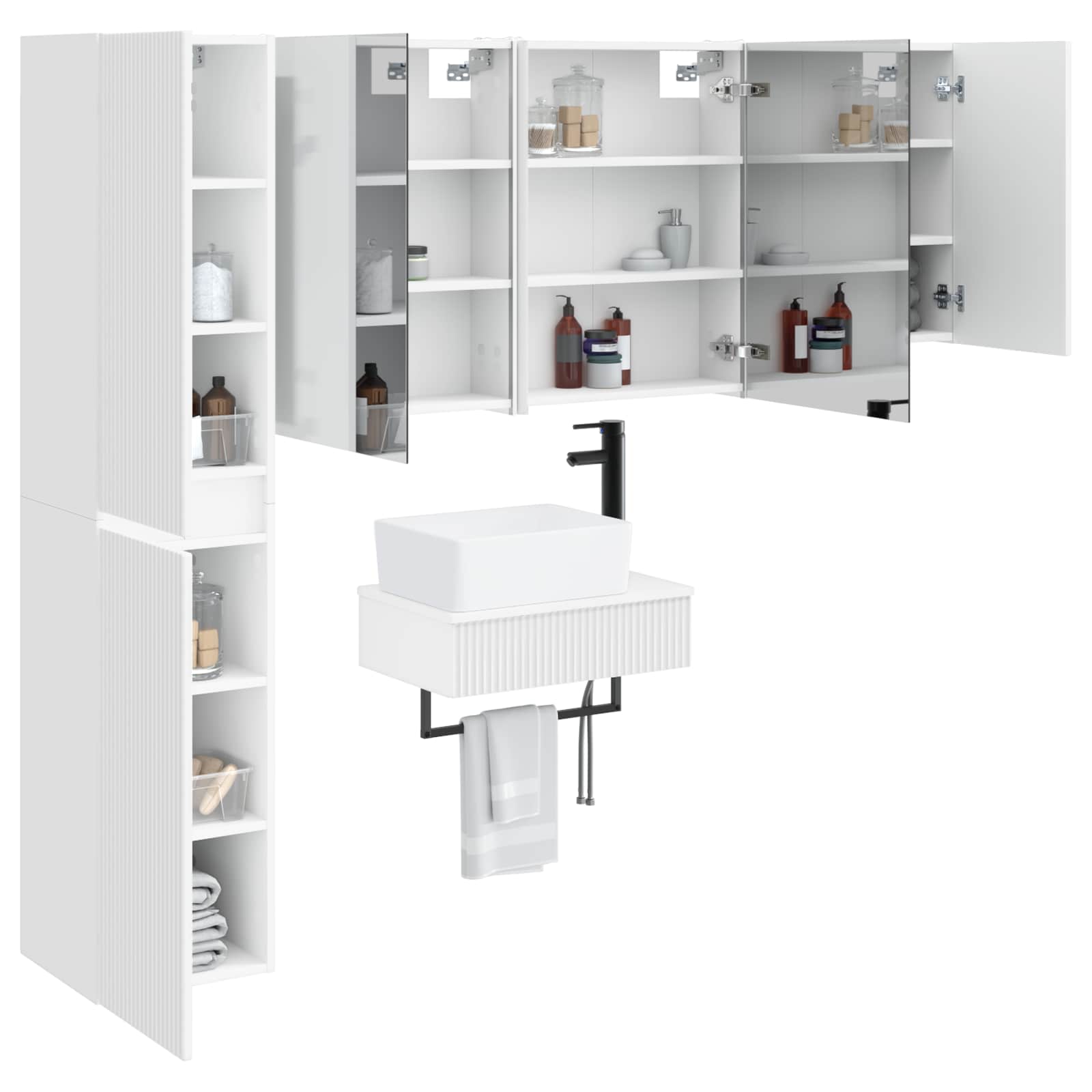 Badezimmermöbel-Set 5 stk. Weiß Ingenieurholz und Glas