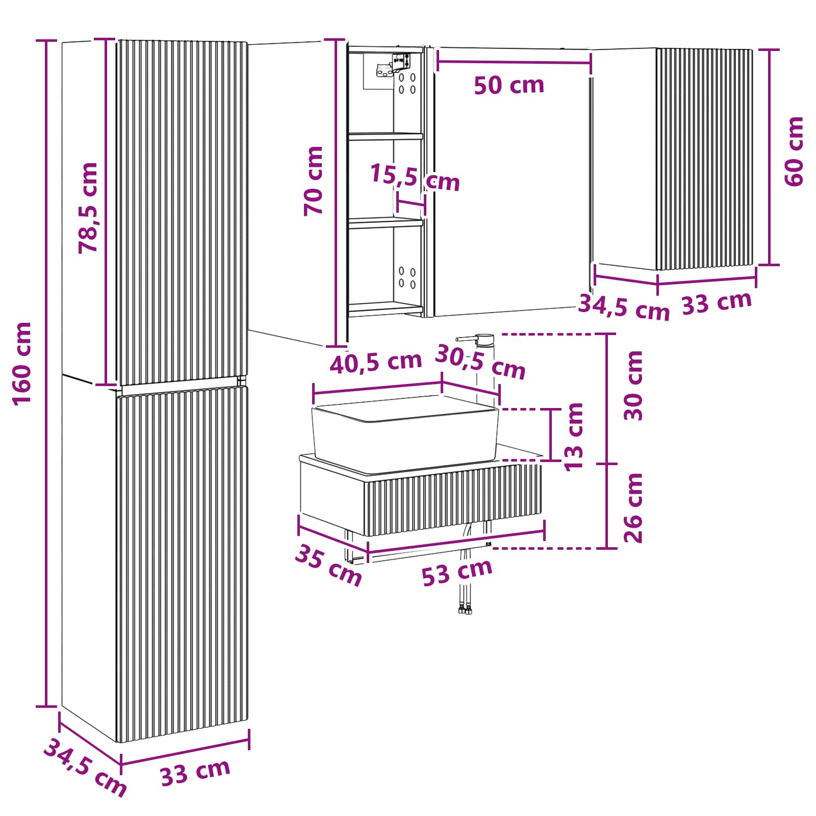 Badezimmermöbel-Set 5 stk. Weiß Ingenieurholz und Glas