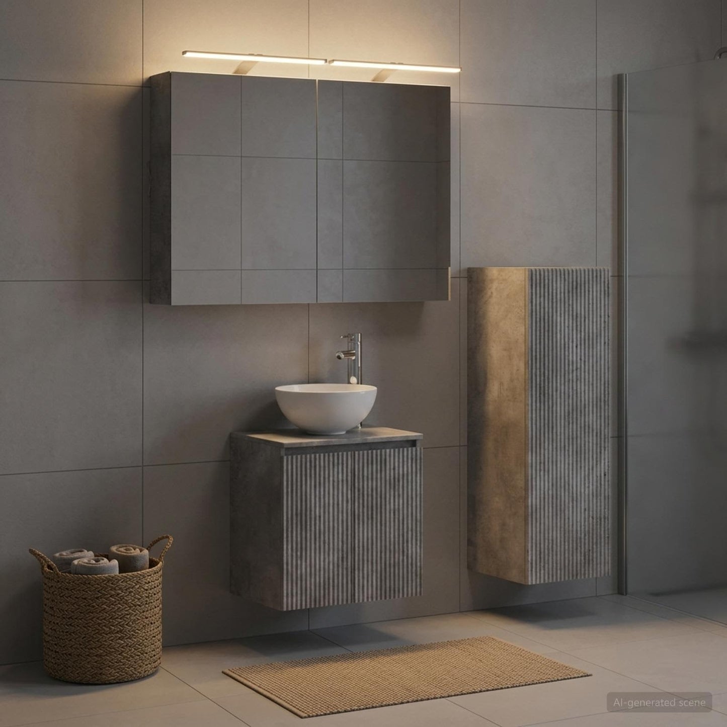 Badezimmermöbel-Set 4 stk. Betongrau Ingenieurholz und Glas