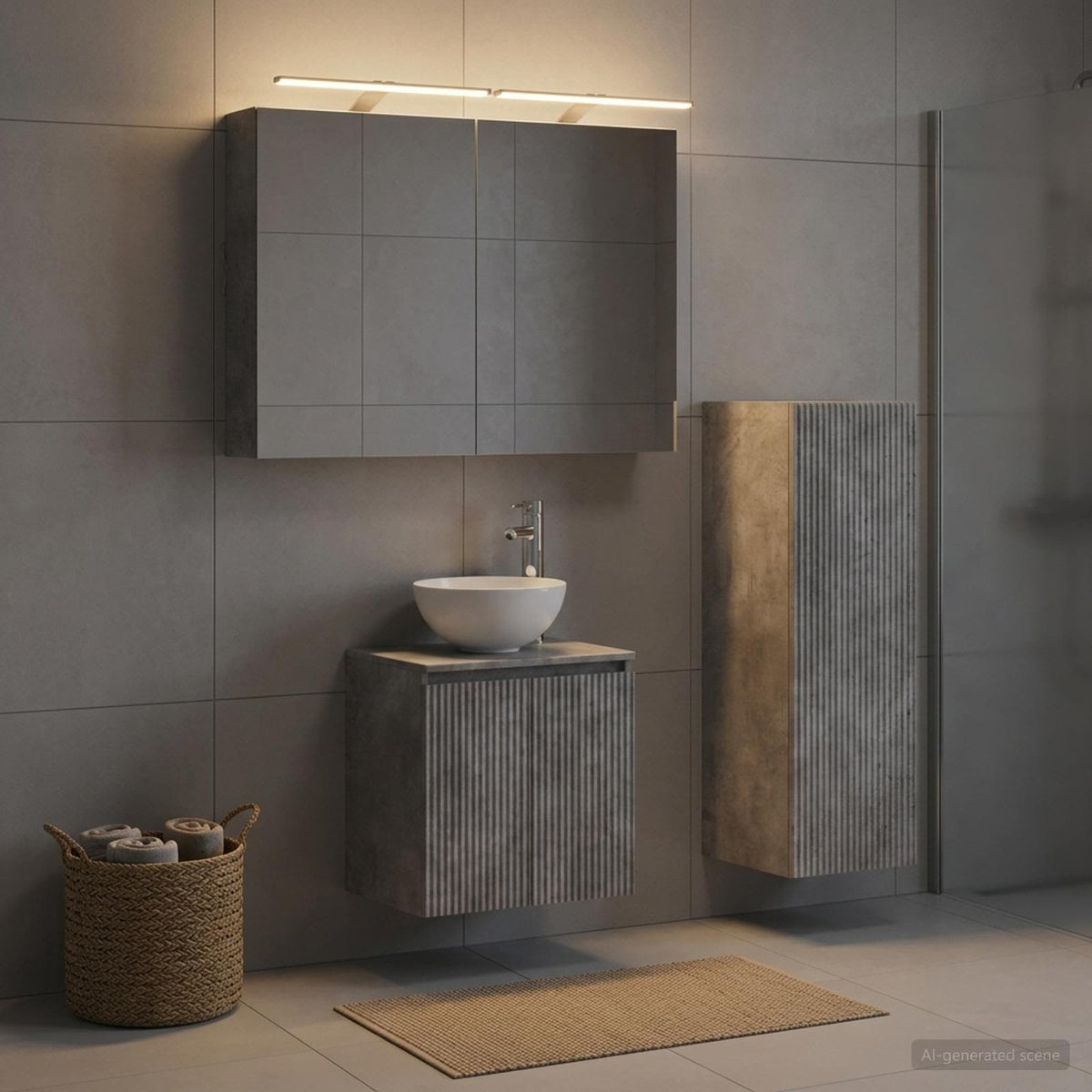 Badezimmermöbel-Set 4 stk. Betongrau Ingenieurholz und Glas