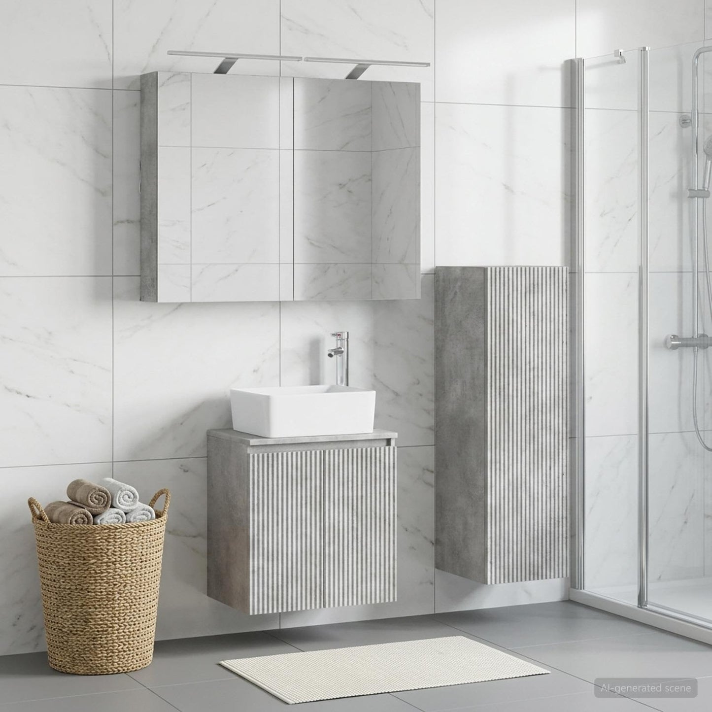 Badezimmermöbel-Set 4 stk. Betongrau Ingenieurholz und Glas