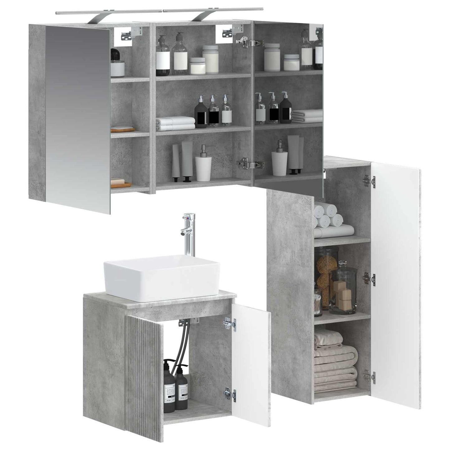 Badezimmermöbel-Set 4 stk. Betongrau Ingenieurholz und Glas