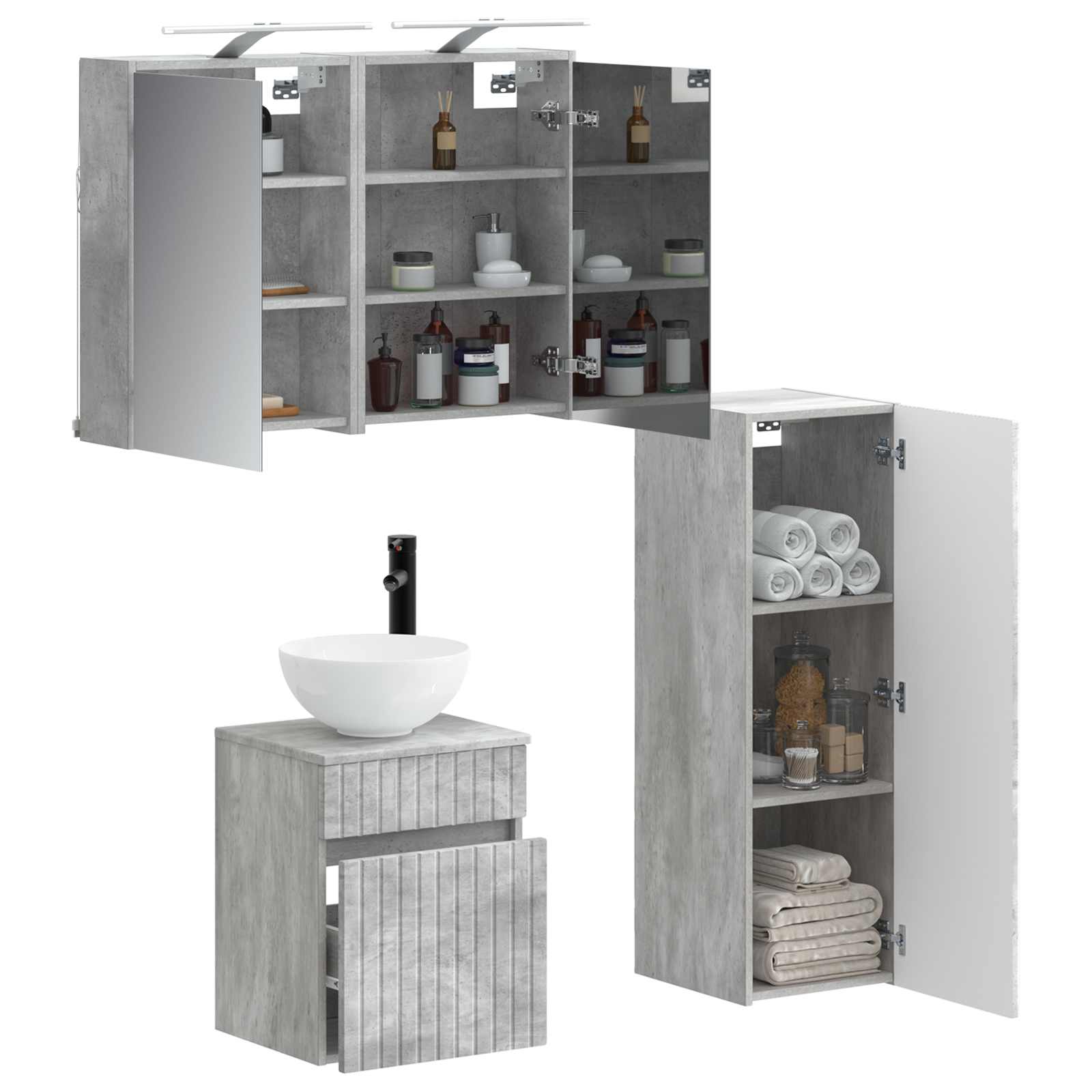 Badezimmermöbel-Set 4 stk. Betongrau Ingenieurholz und Glas