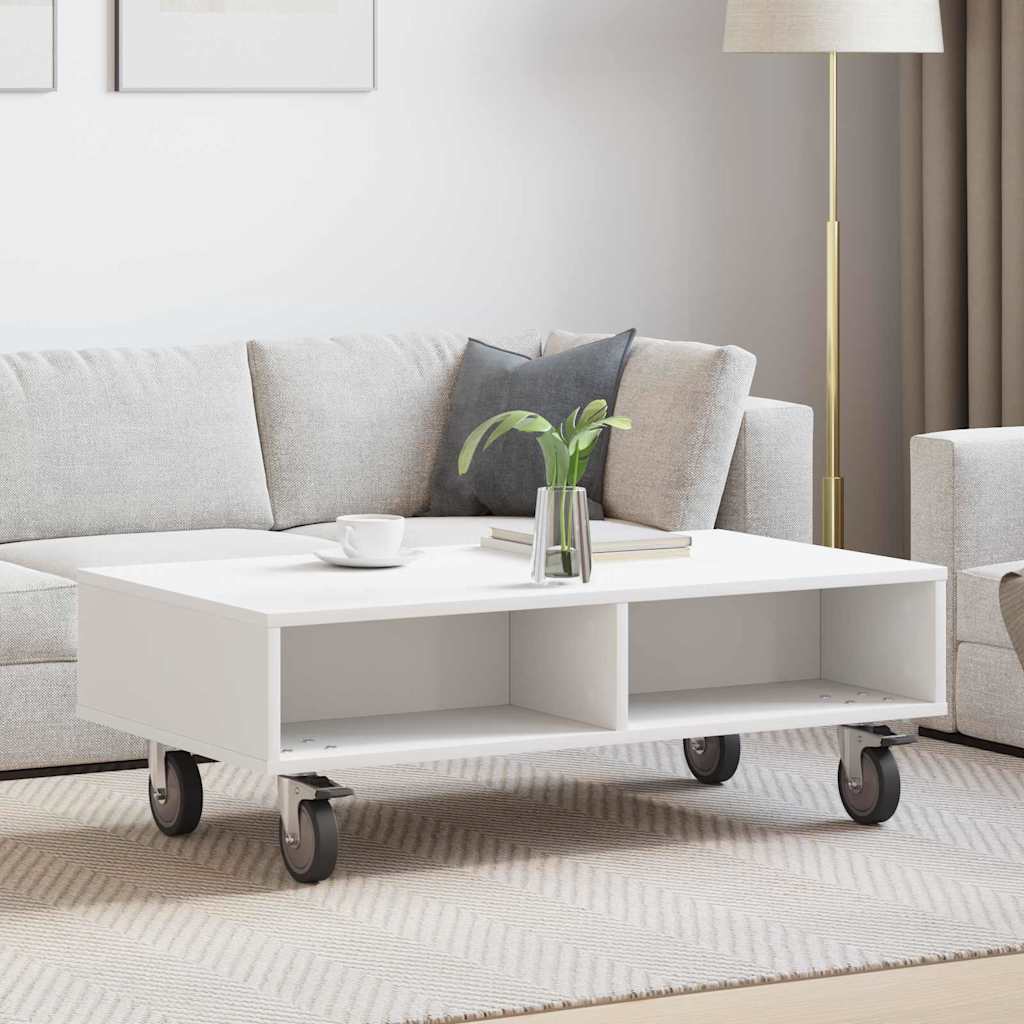 Side Table with Wheels Weiß 90 x 50 x 30 cm Holzwerkstoff