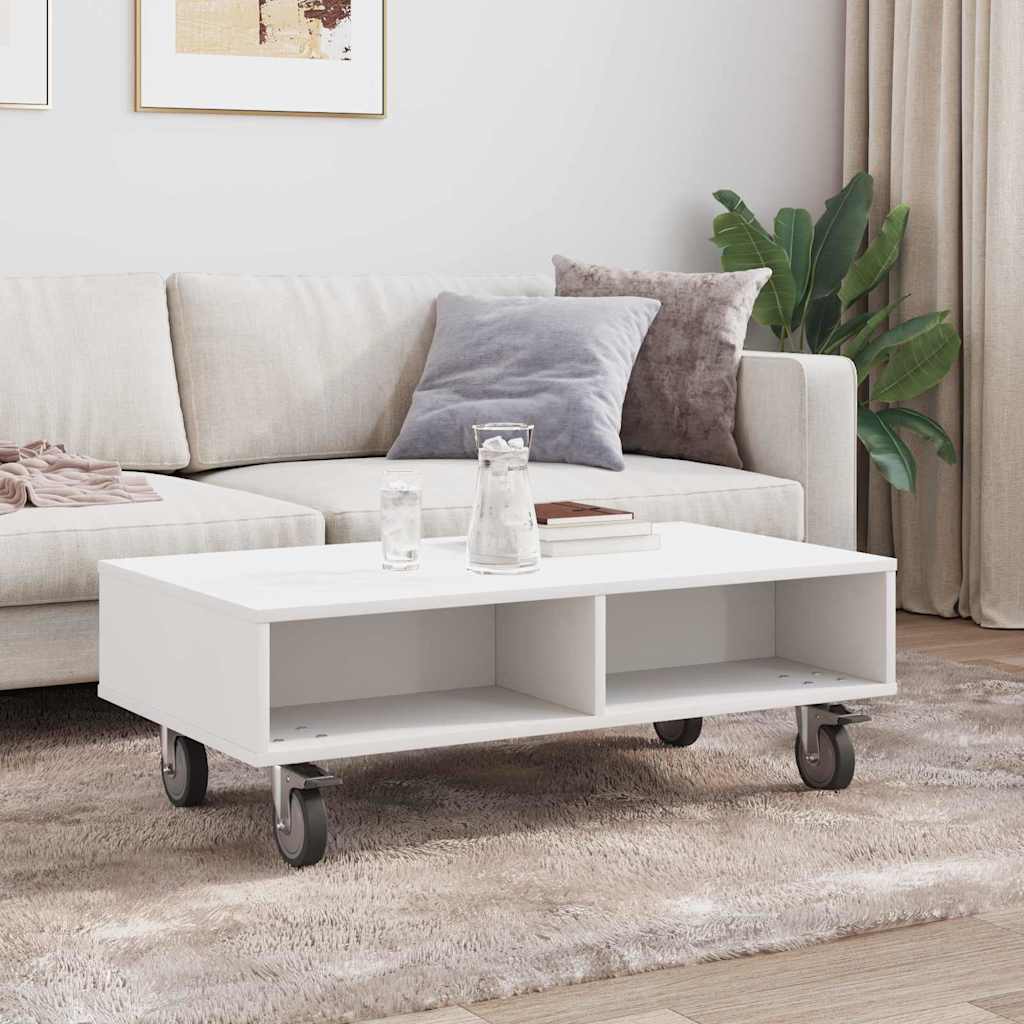 Side Table with Wheels Weiß 90 x 50 x 30 cm Holzwerkstoff