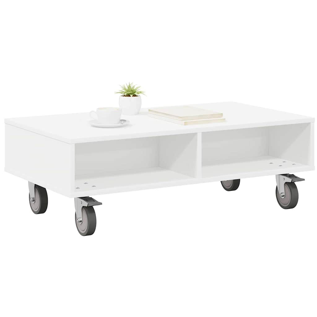 Side Table with Wheels Weiß 90 x 50 x 30 cm Holzwerkstoff