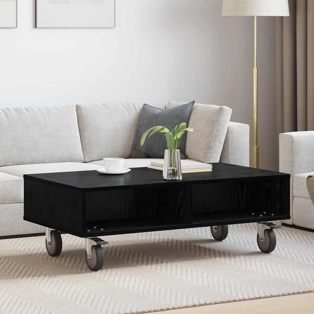 Side Table with Wheels Schwarz Eichen-Optik 90 x 50 x 30 cm