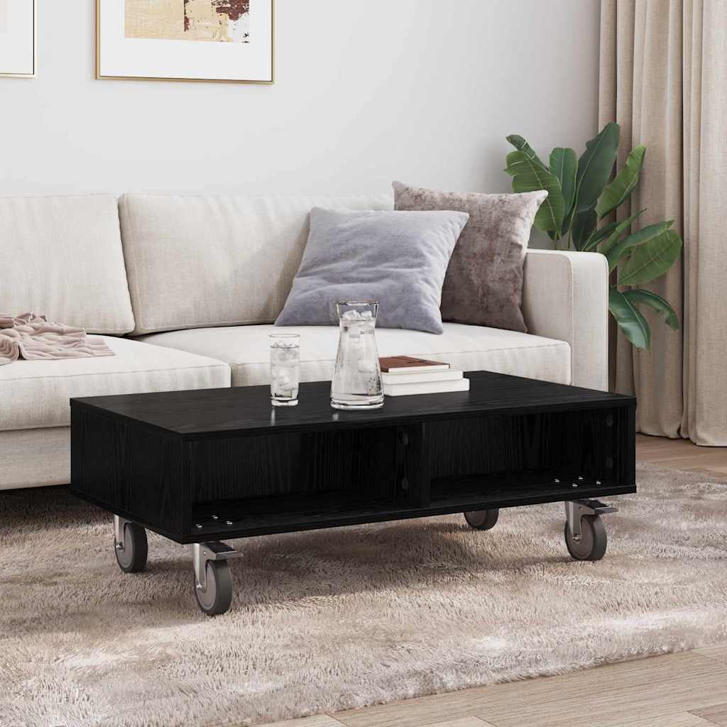 Side Table with Wheels Schwarz Eichen-Optik 90 x 50 x 30 cm