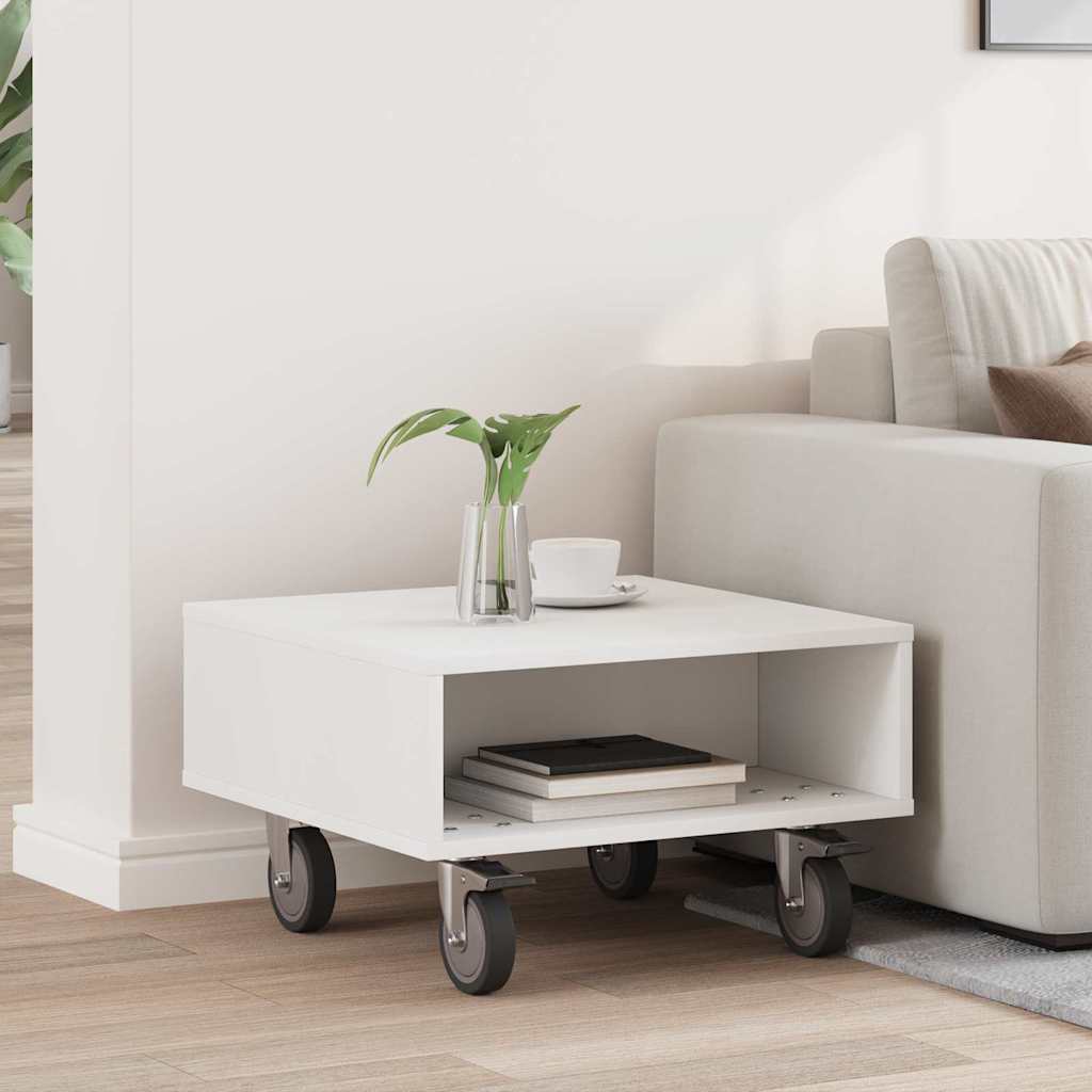 Side Table with Wheels Weiß 50,5 x 50 x 30 cm Holzwerkstoff