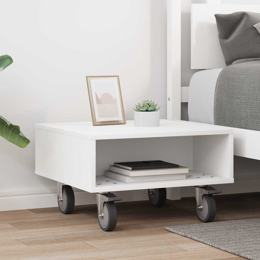 Side Table with Wheels Weiß 50,5 x 50 x 30 cm Holzwerkstoff