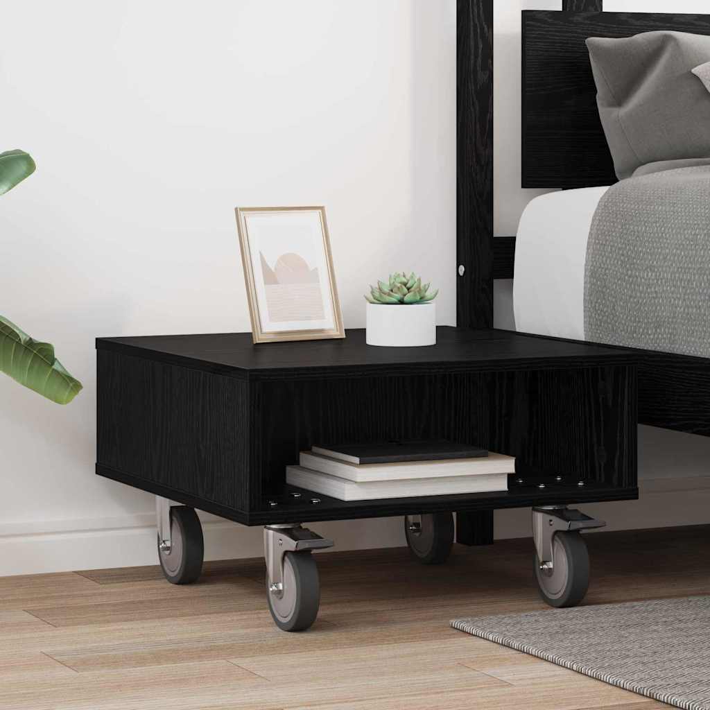 Side Table with Wheels Schwarz Eichen-Optik 50,5 x 50 x 30 cm