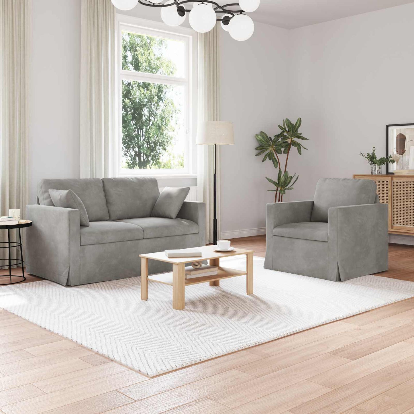 Sofa Set 2 Stk. Hellgrau Samt