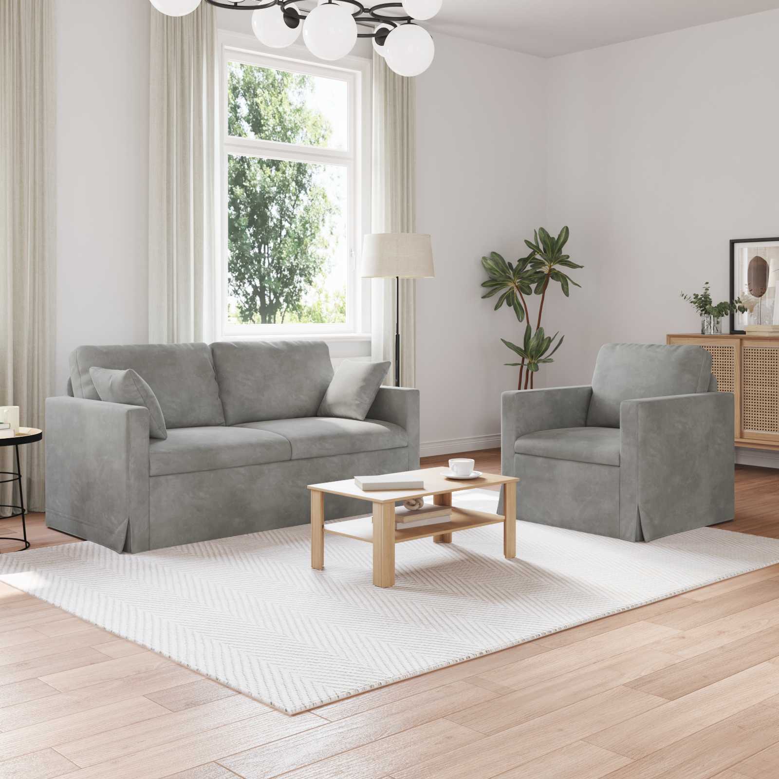 Sofa Set 2 Stk. Hellgrau Samt