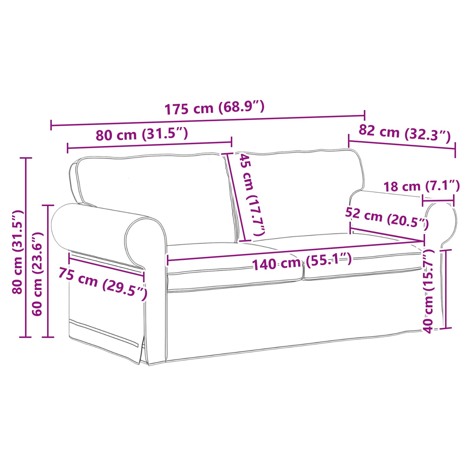 Sofa Schwarz 175 x 82 x 80 cm Stoff