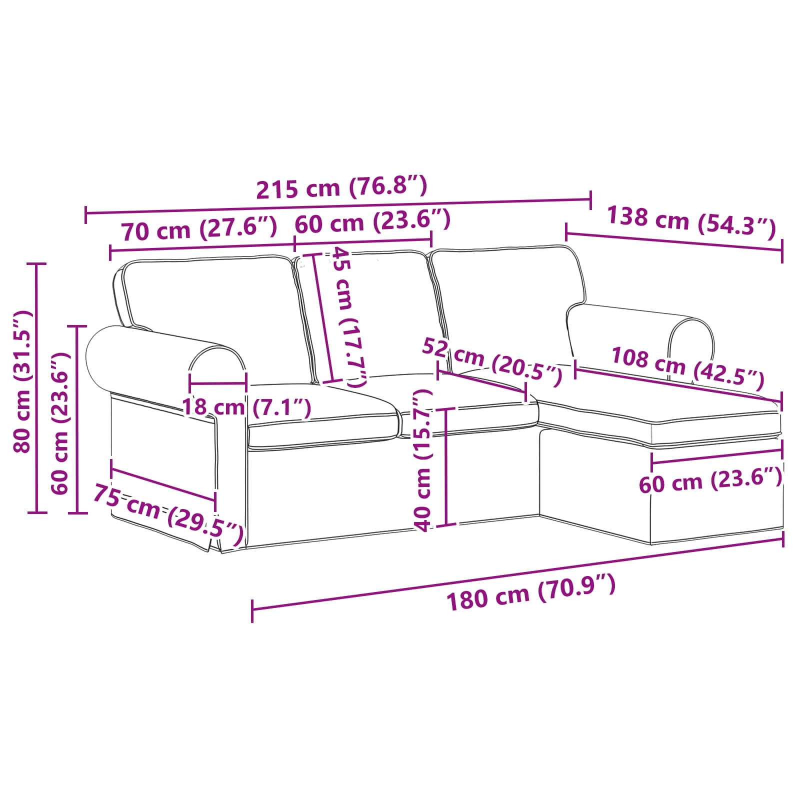 Sofa Schwarz 215 x 138 x 80 cm Stoff