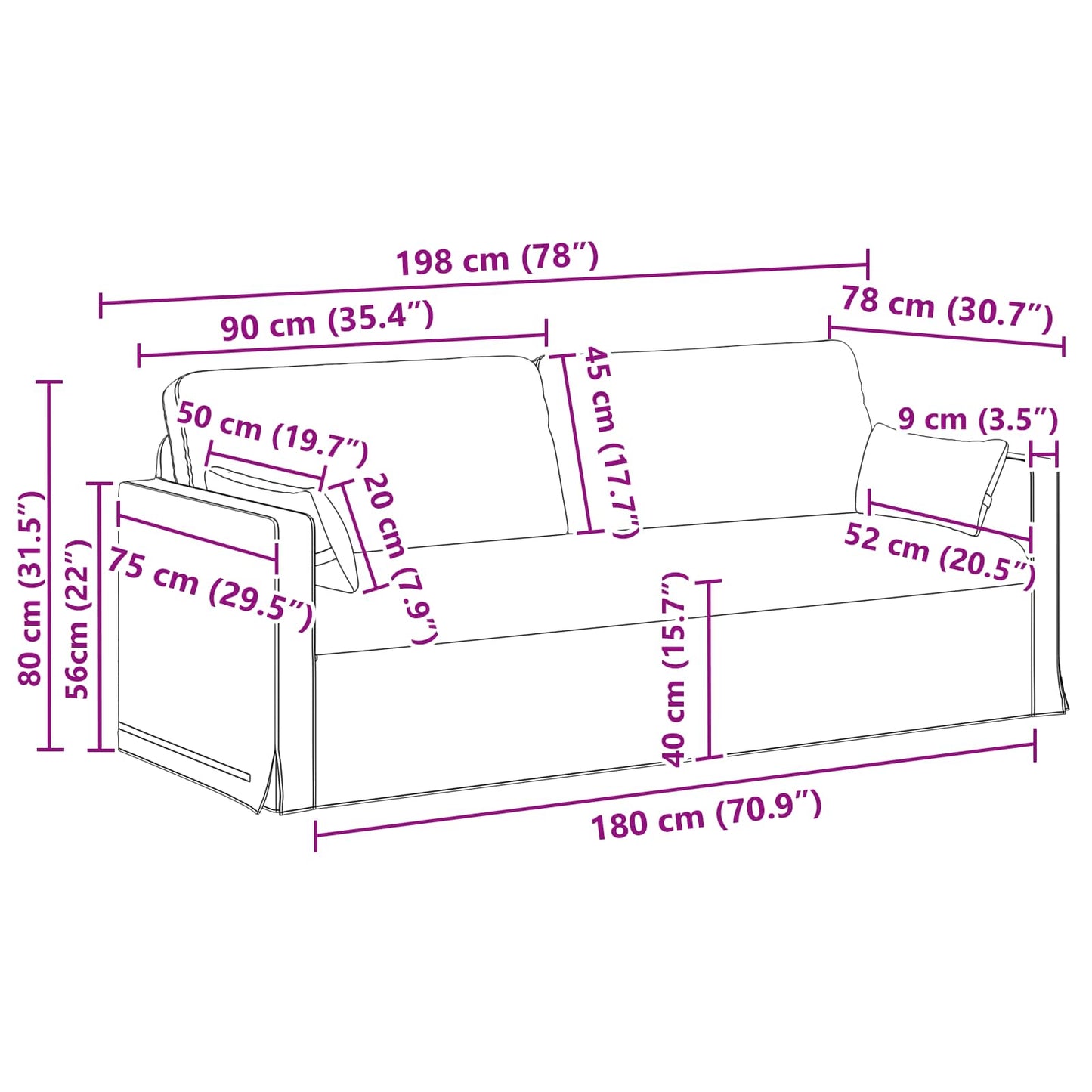 Sofa Dunkelgrau 198 x 78 x 80 cm Stoff