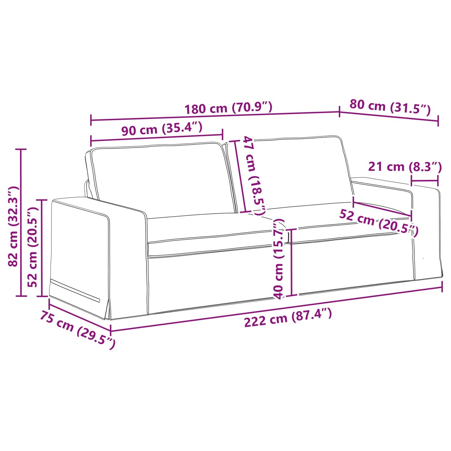 Sofa Schwarz 222 x 80 x 82 cm Stoff