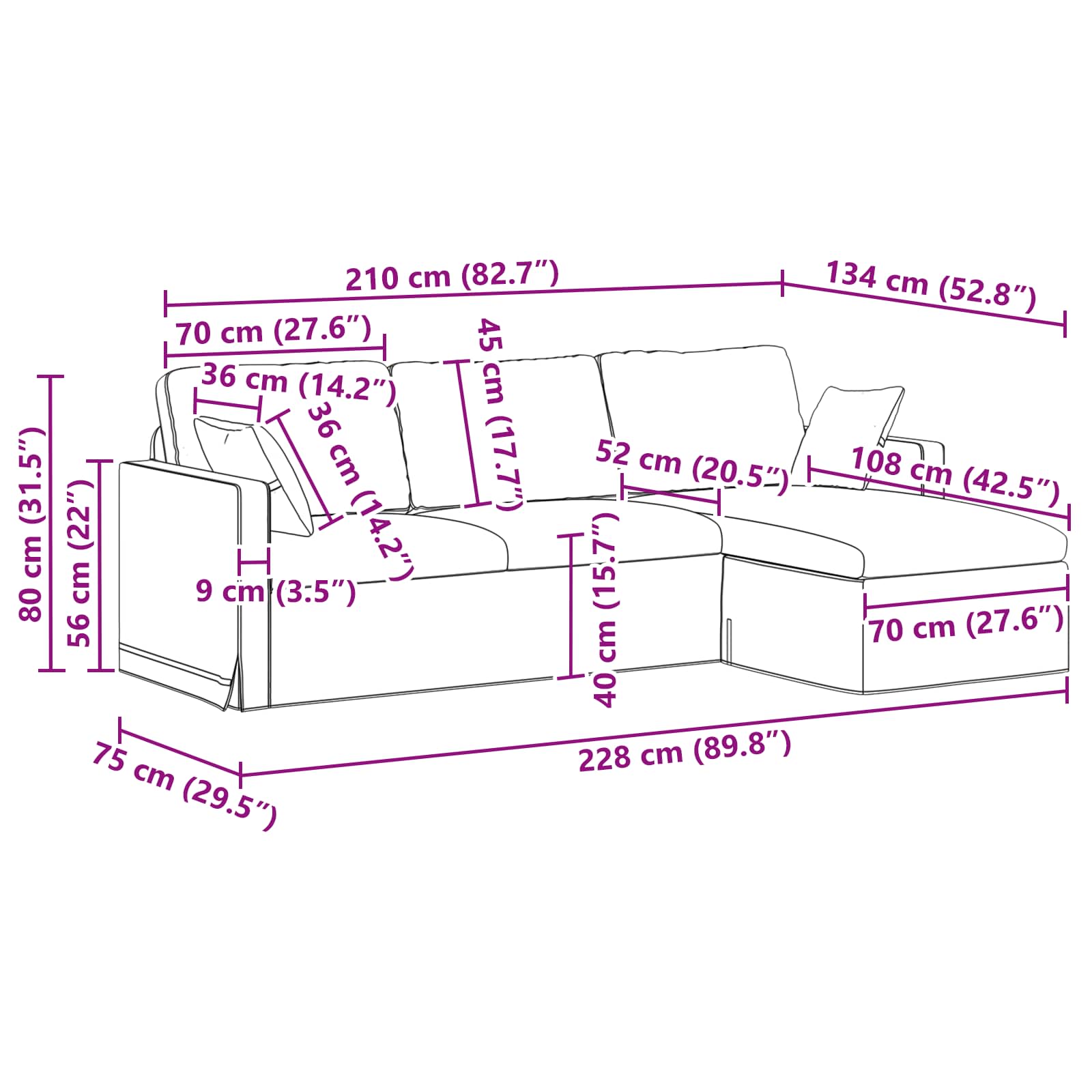 Sofa Dunkelgrau 228 x 134 x 80 cm Samt