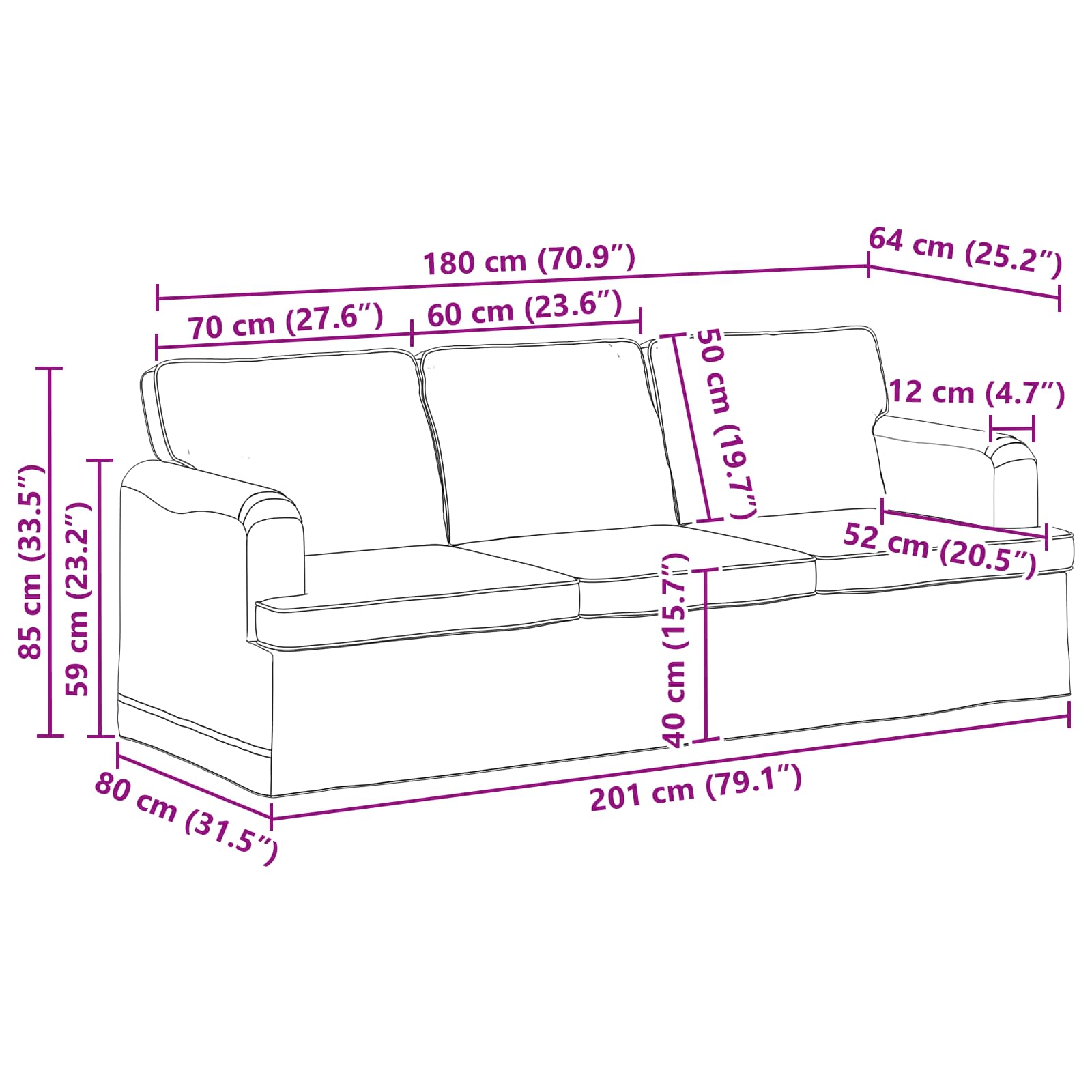 Sofa Creme 201 x 80 x 85 cm Stoff
