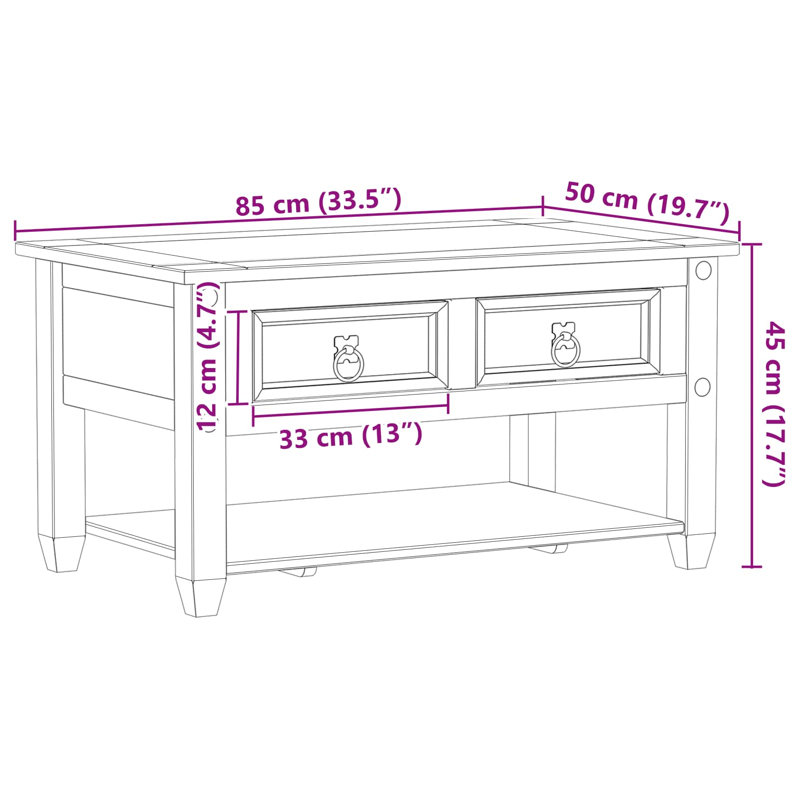 Couchtisch Weiß 85 x 50 x 45 cm Massives Kiefernholz