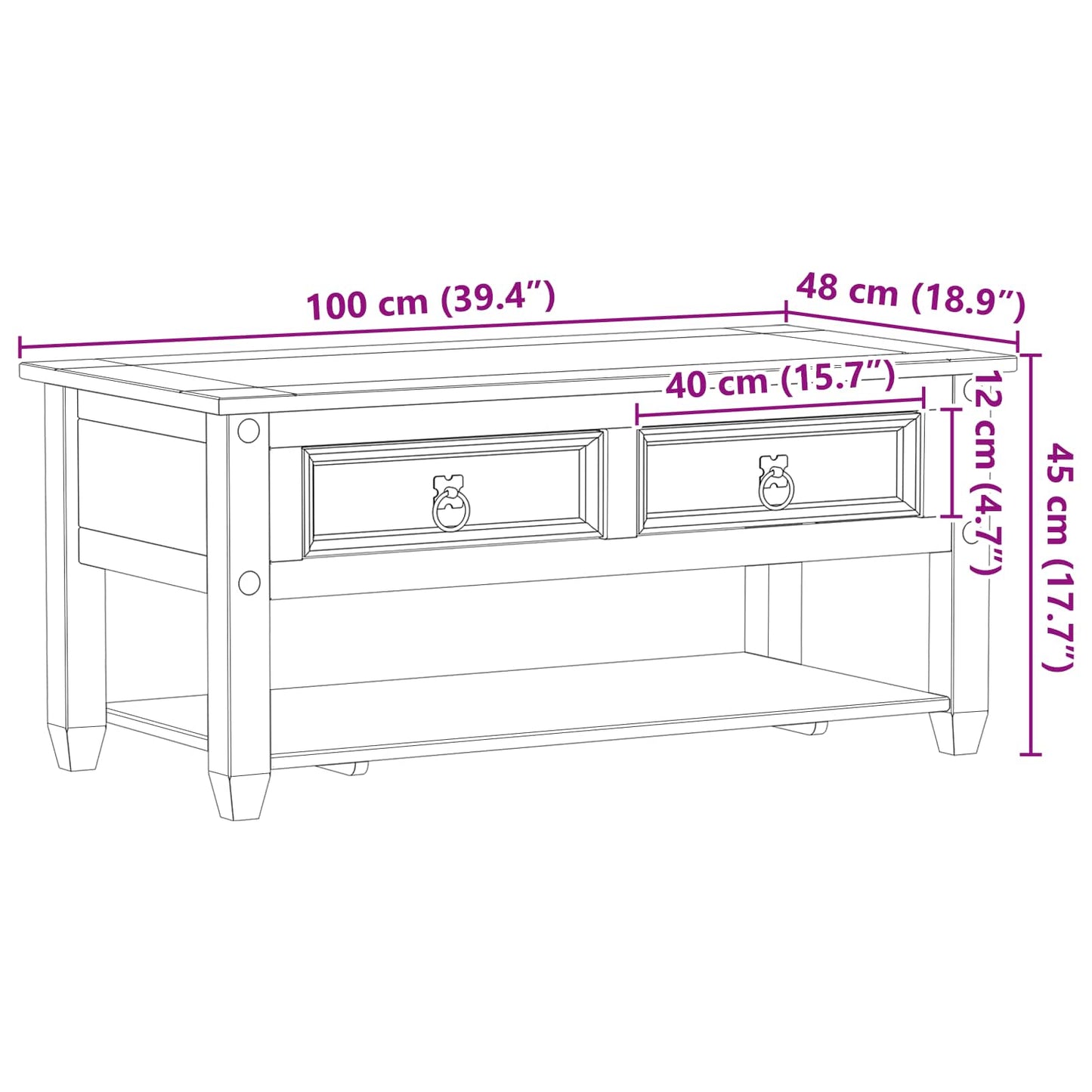 Couchtisch Weiß 100 x 48 x 45 cm Massives Kiefernholz