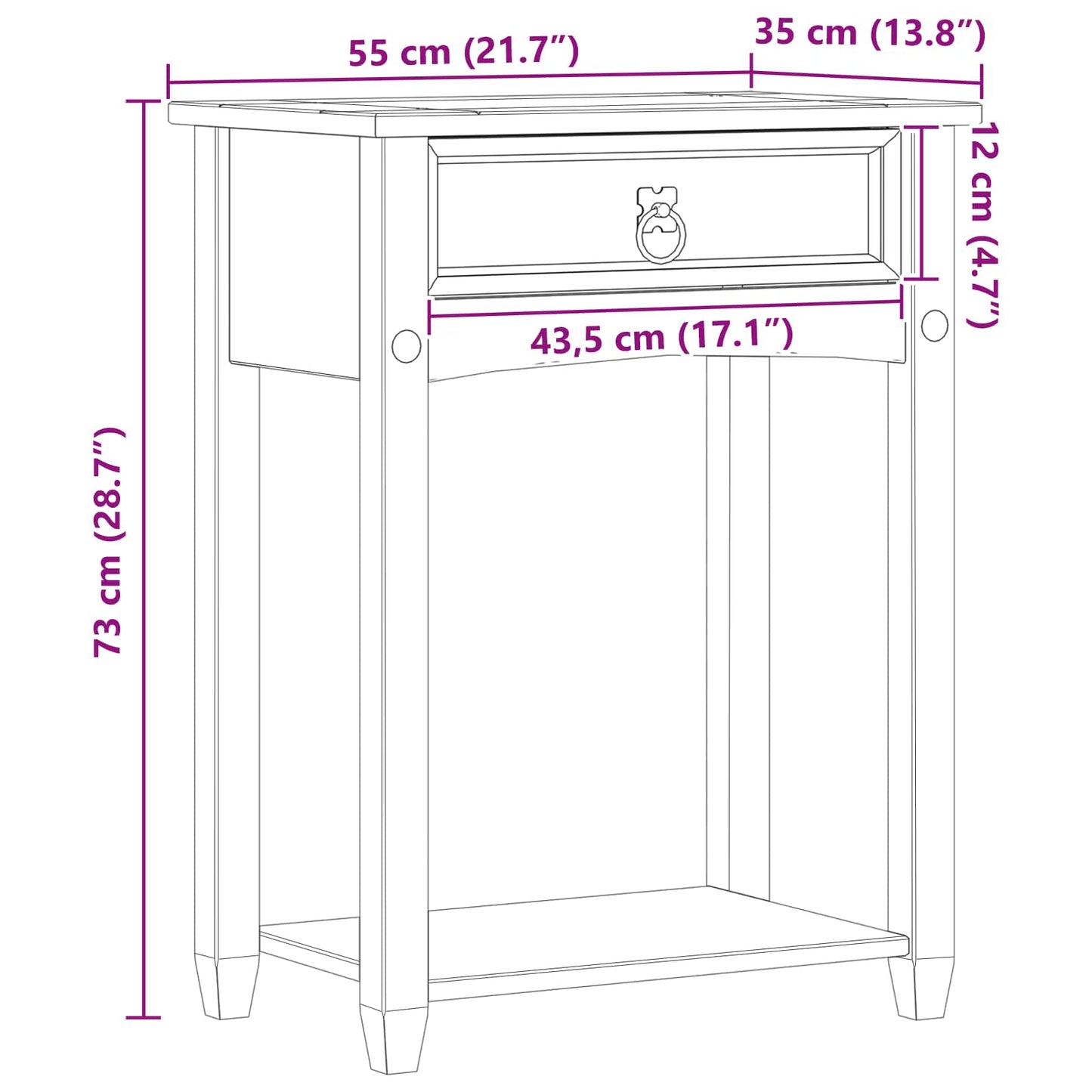 Konsolentisch Weiß 55 x 35 x 73 cm Massives Kiefernholz