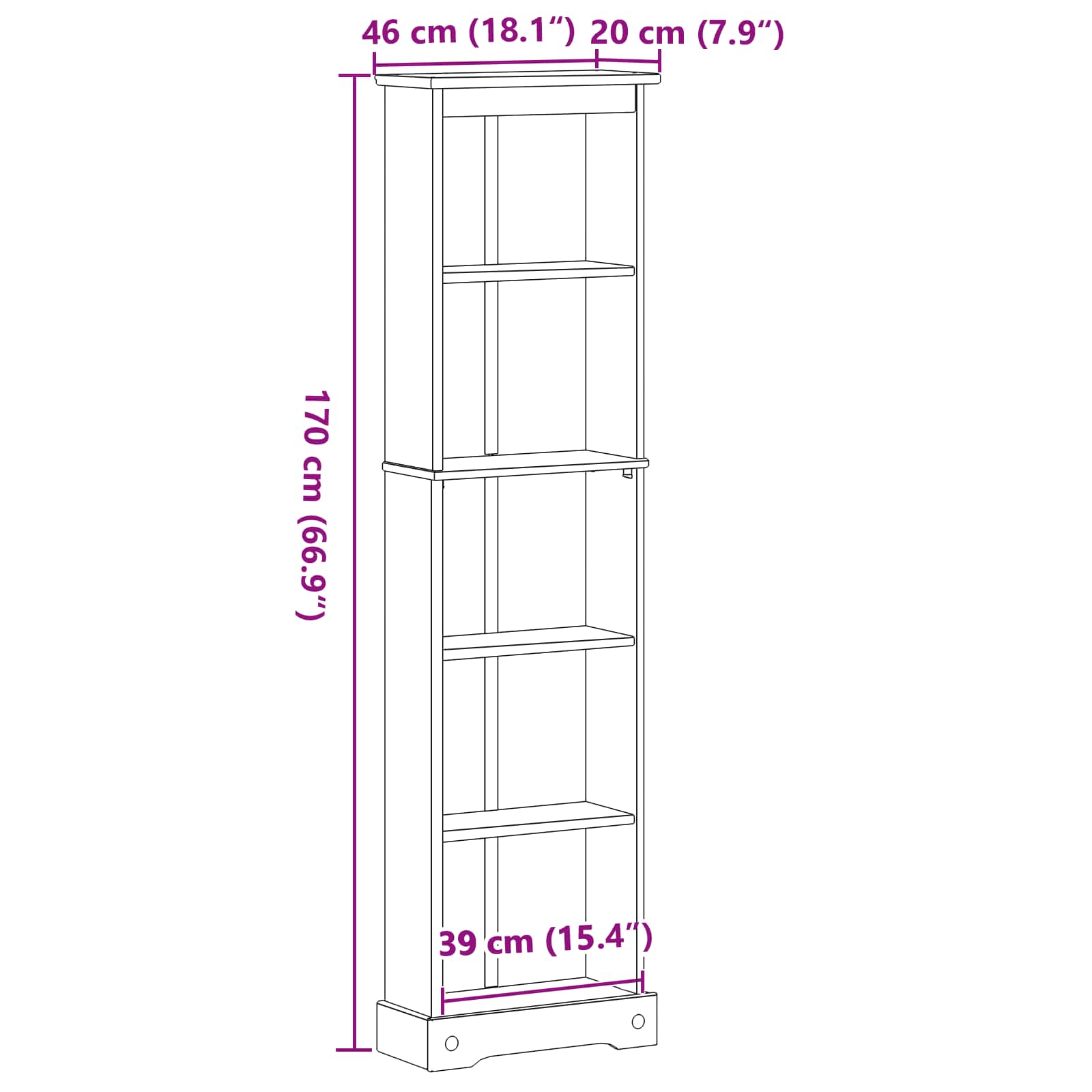 Bücherregal 46 x 20 x 170 cm Massives Kiefernholz Weiß