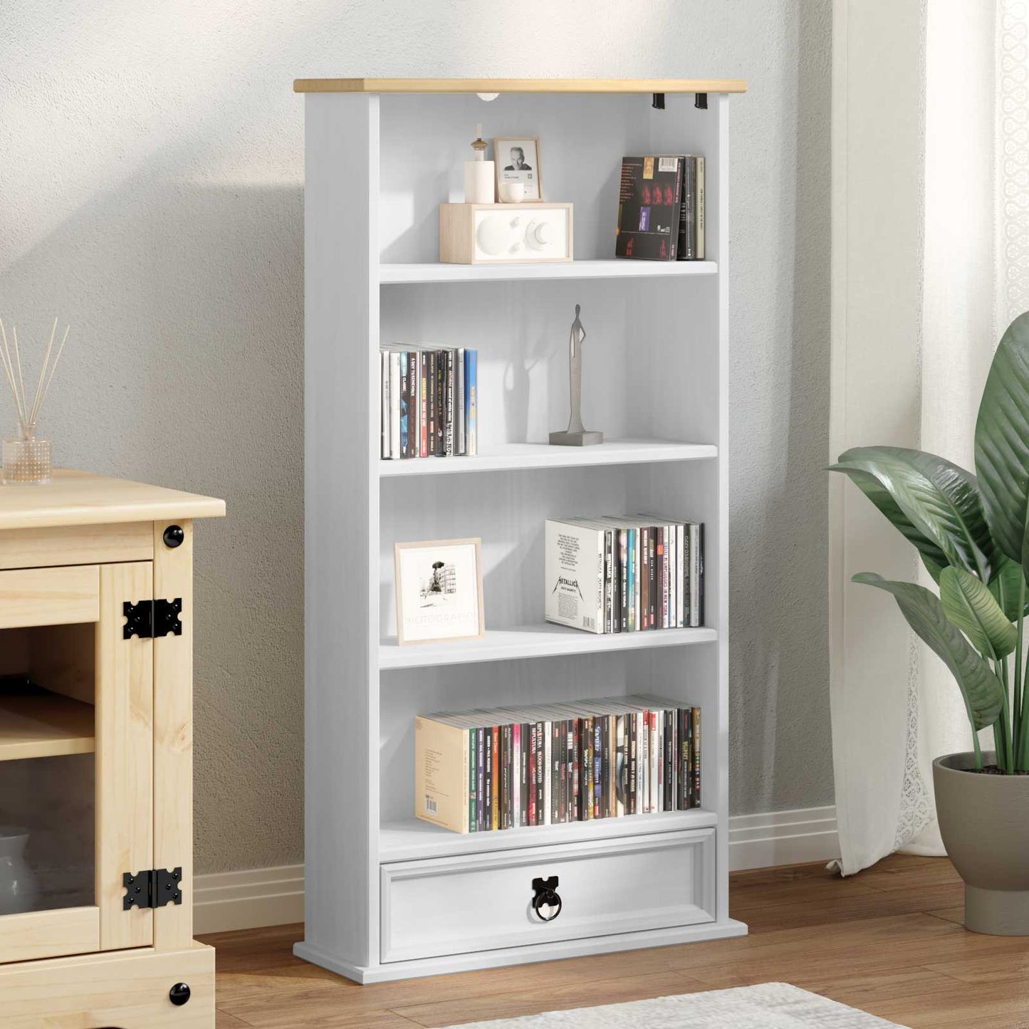 CD-Regal Weiß 52 x 17.5 x 103 cm Massives Kiefernholz