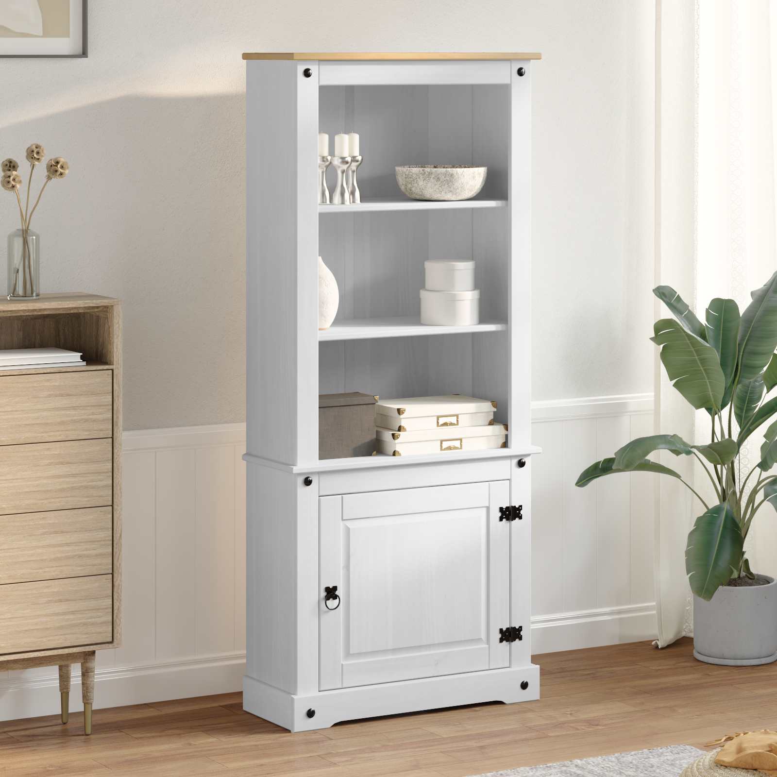 Highboard Weiß 74 x 38 x 170 cm Massives Kiefernholz