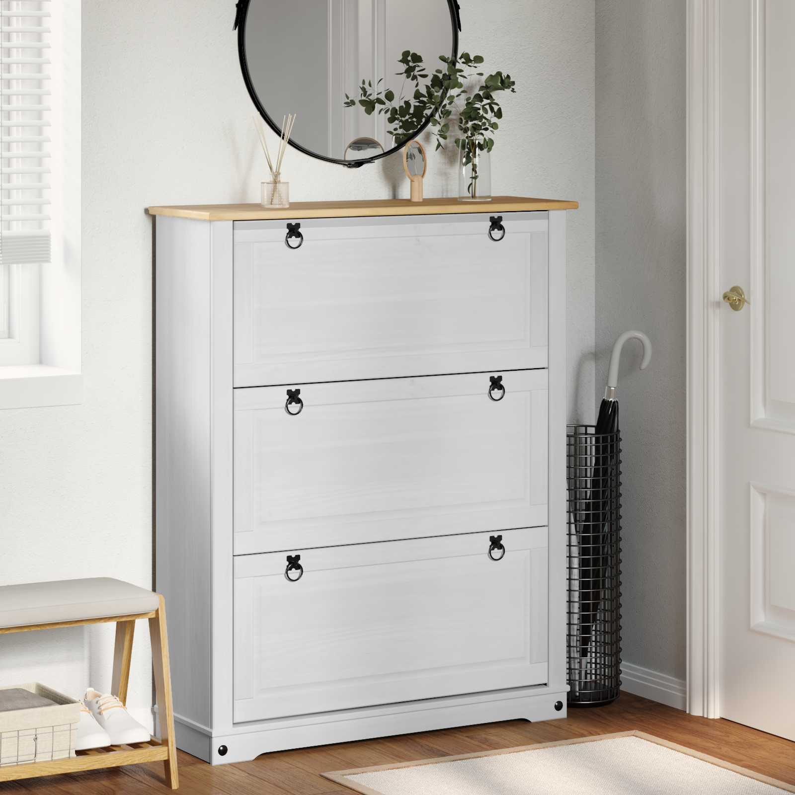 Schuhschrank Corona Weiß 99 x 32 x 122 cm Massives Kiefernholz
