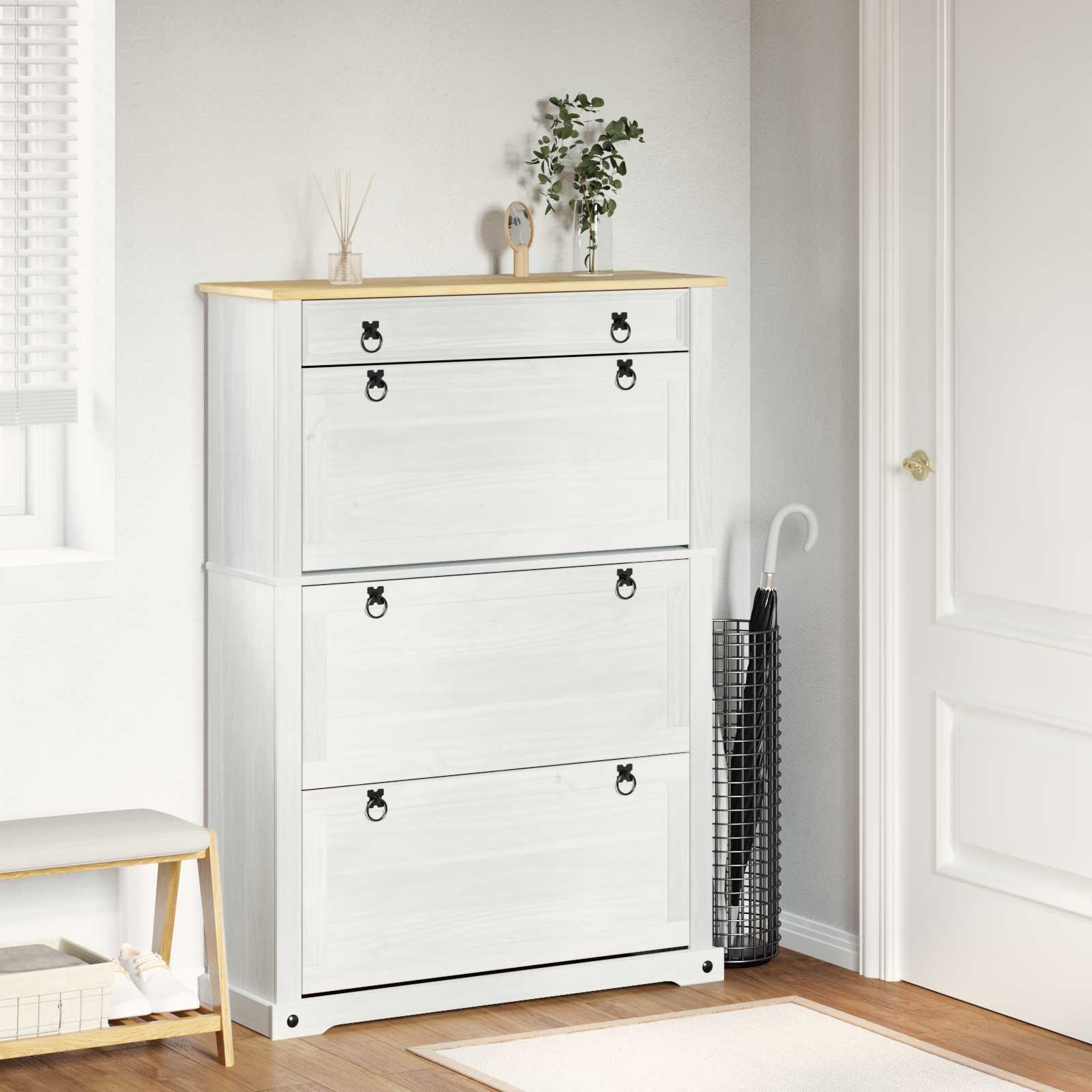 Schuhschrank Corona Weiß 99 x 32 x 138 cm Massives Kiefernholz