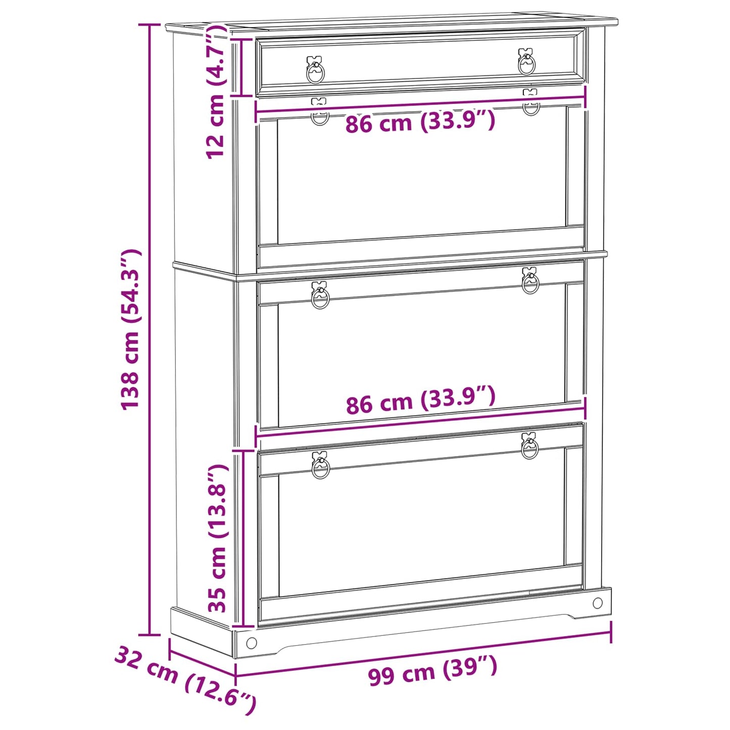 Schuhschrank Corona Weiß 99 x 32 x 138 cm Massives Kiefernholz