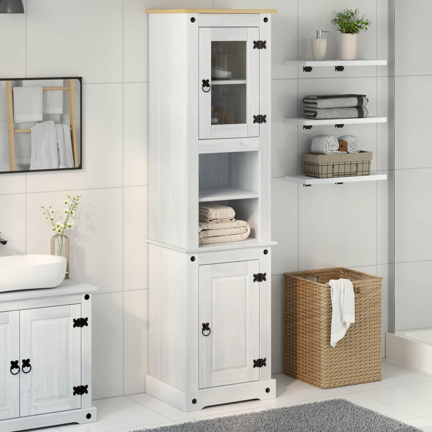 Badezimmerschrank Weiß 50 x 40 x 185 cm Massives Kiefernholz