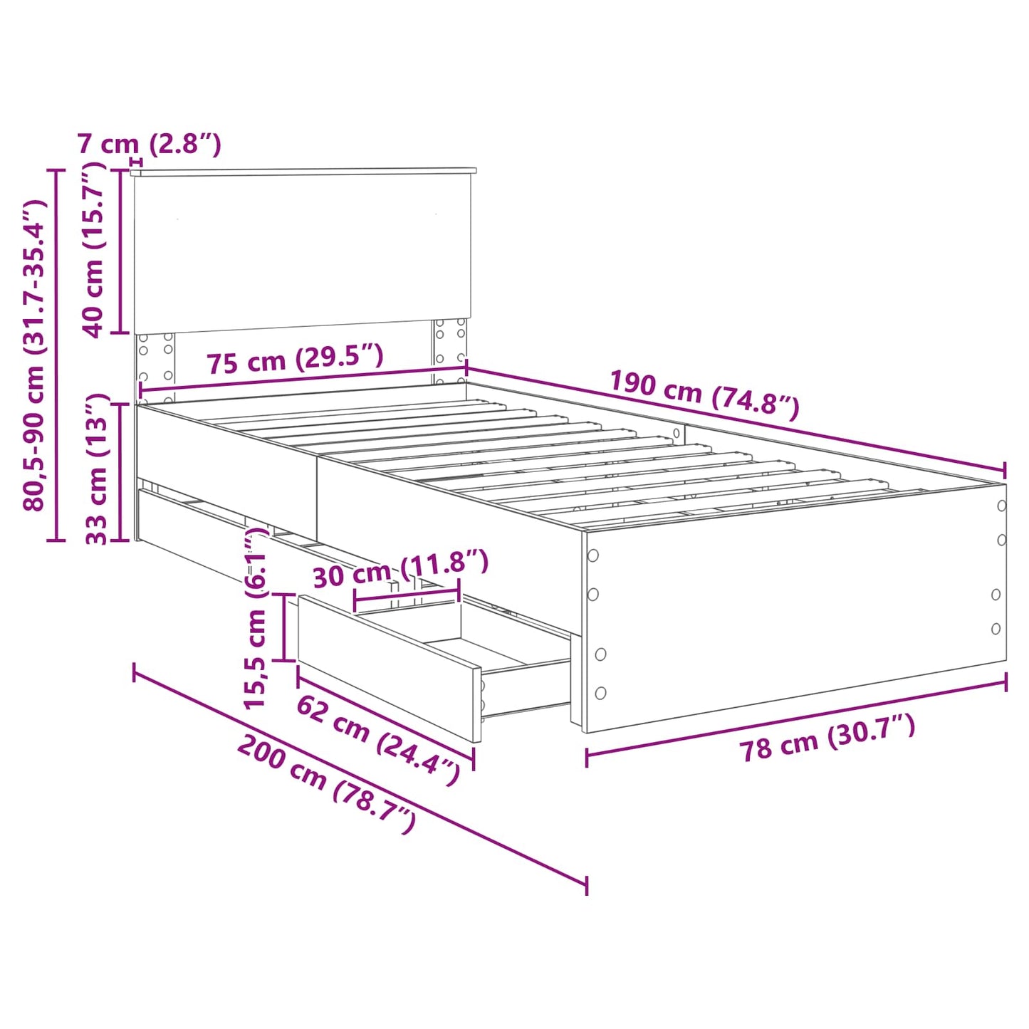 Bettrahmen Sonoma-Eiche 75 x 190 cm Ingenieurs Holz