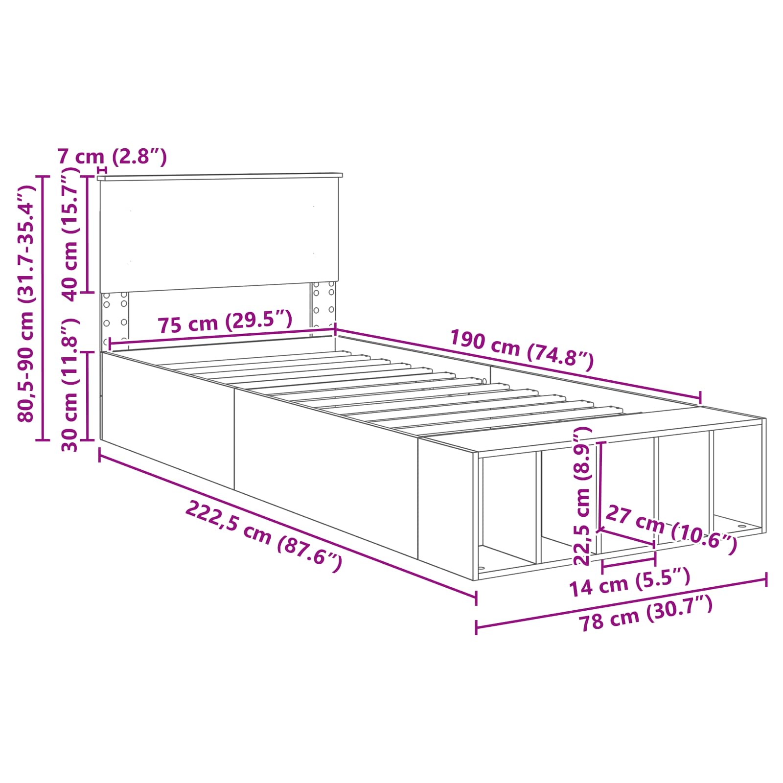 Bettrahmen mit Regal Sonoma-Eiche 75 x 190 cm Holzwerkstoff