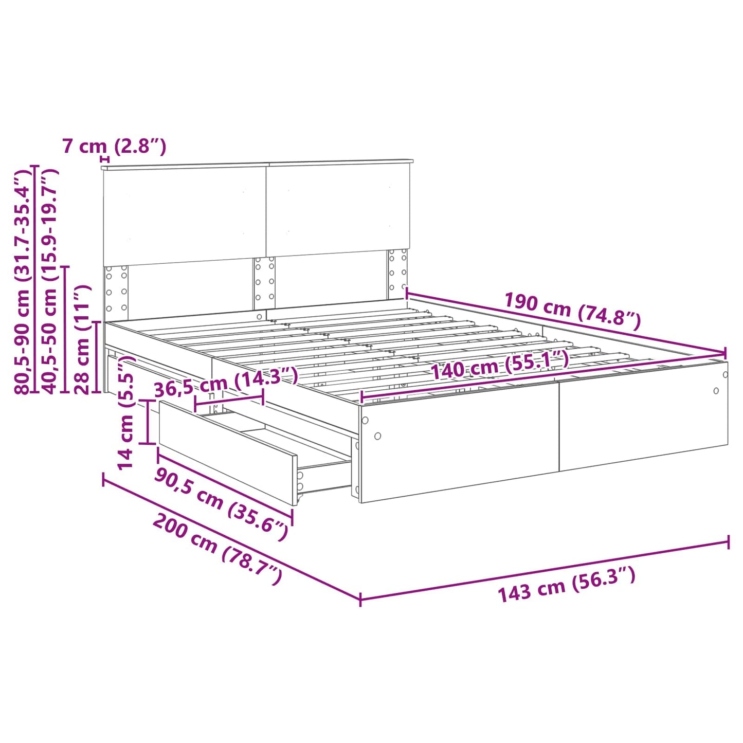 Aufbewahrungsbett Sonoma-Eiche 140 x 190 cm Holzwerkstoff