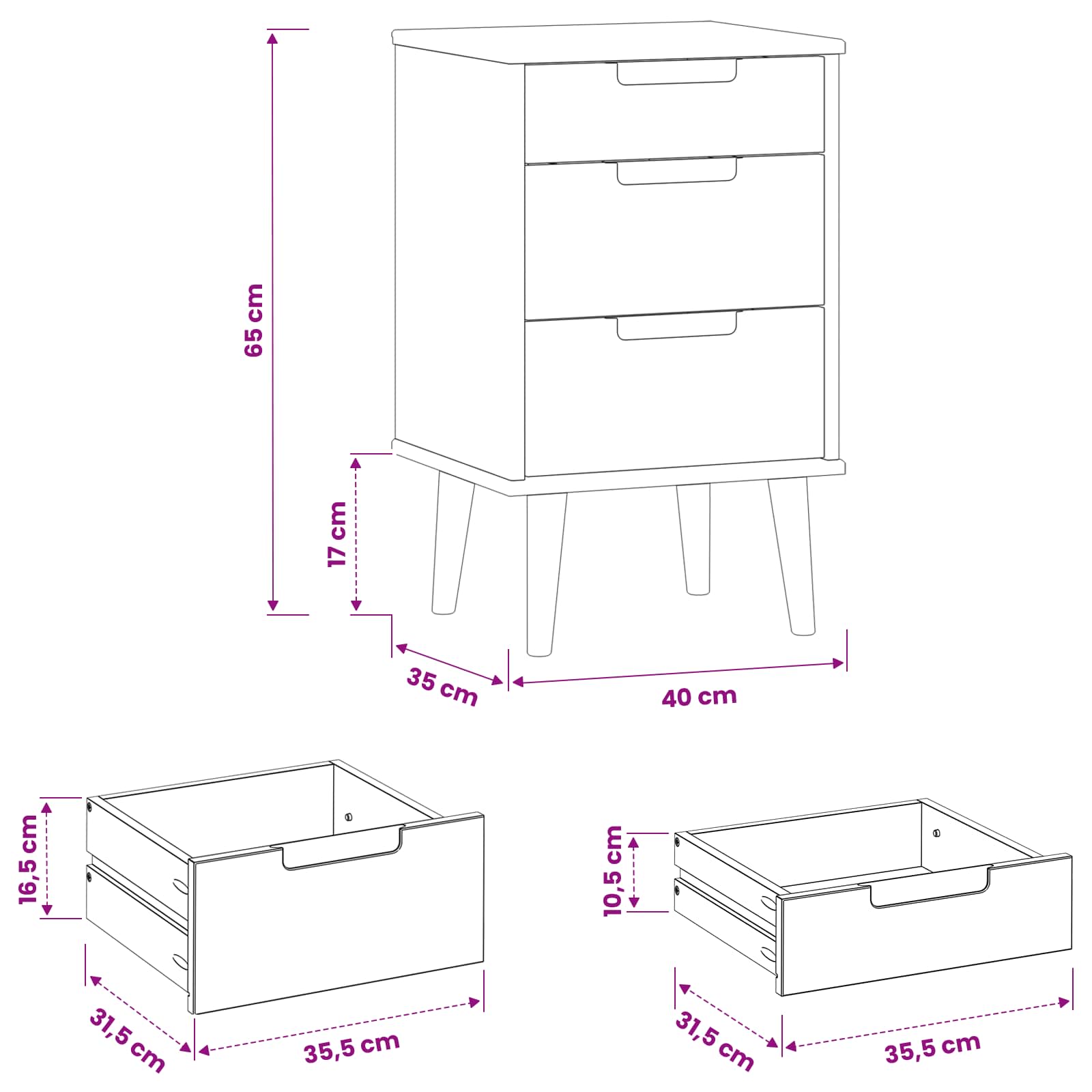 Nachttisch MOLDE Schwarz 40 x 35 x 65 cm Massives Kiefernholz