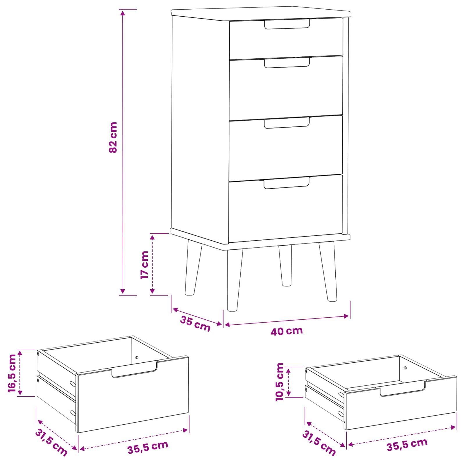 Kommode MOLDE Schwarz 40 x 35 x 82 cm Massives Kiefernholz