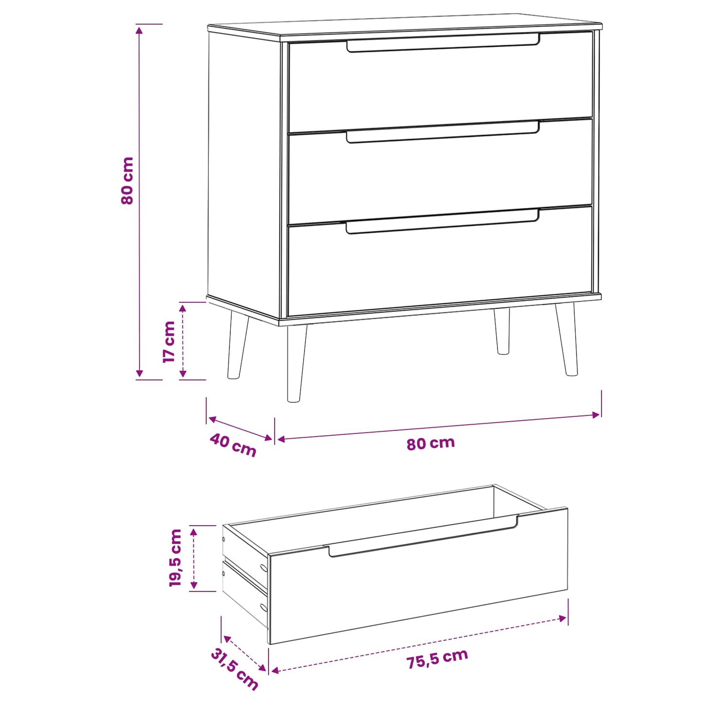 Kommode MOLDE Karamell 80 x 40 x 80 cm Massives Kiefernholz