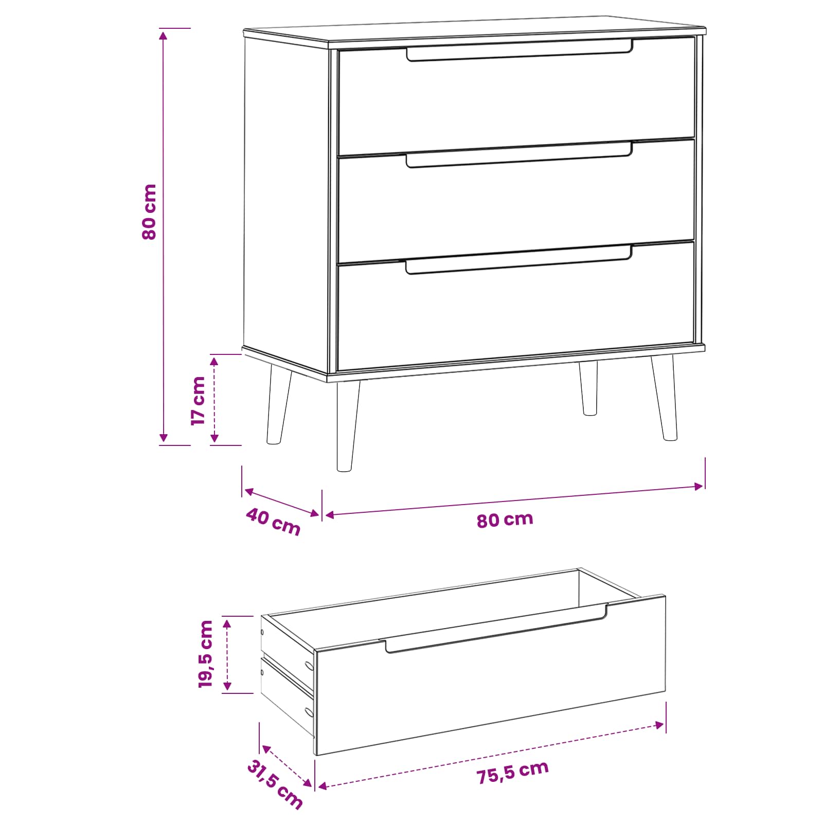 Kommode MOLDE Karamell 80 x 40 x 80 cm Massives Kiefernholz