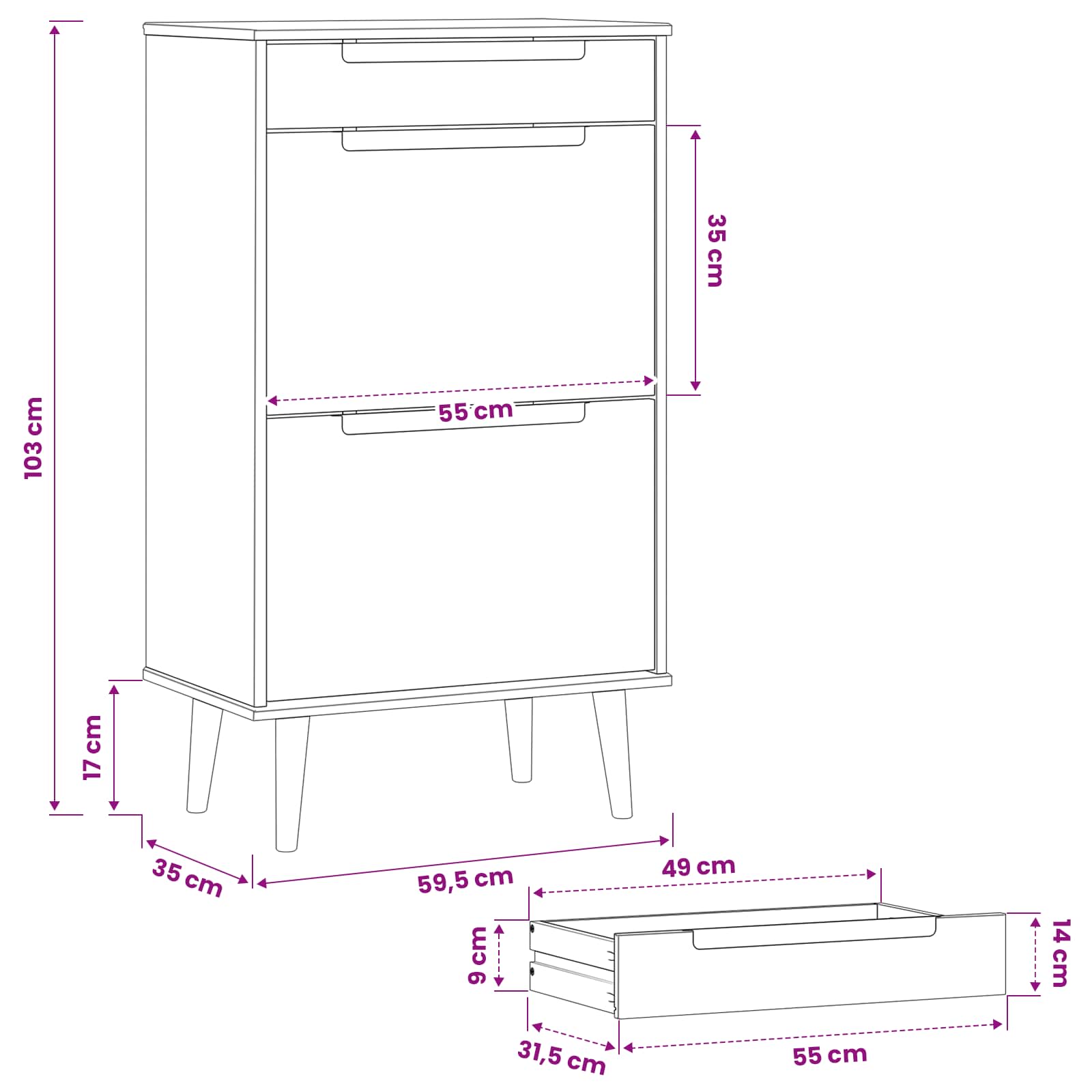 Schuhschrank MOLDE 59,5 x 35 x 103 cm Massives Kiefernholz