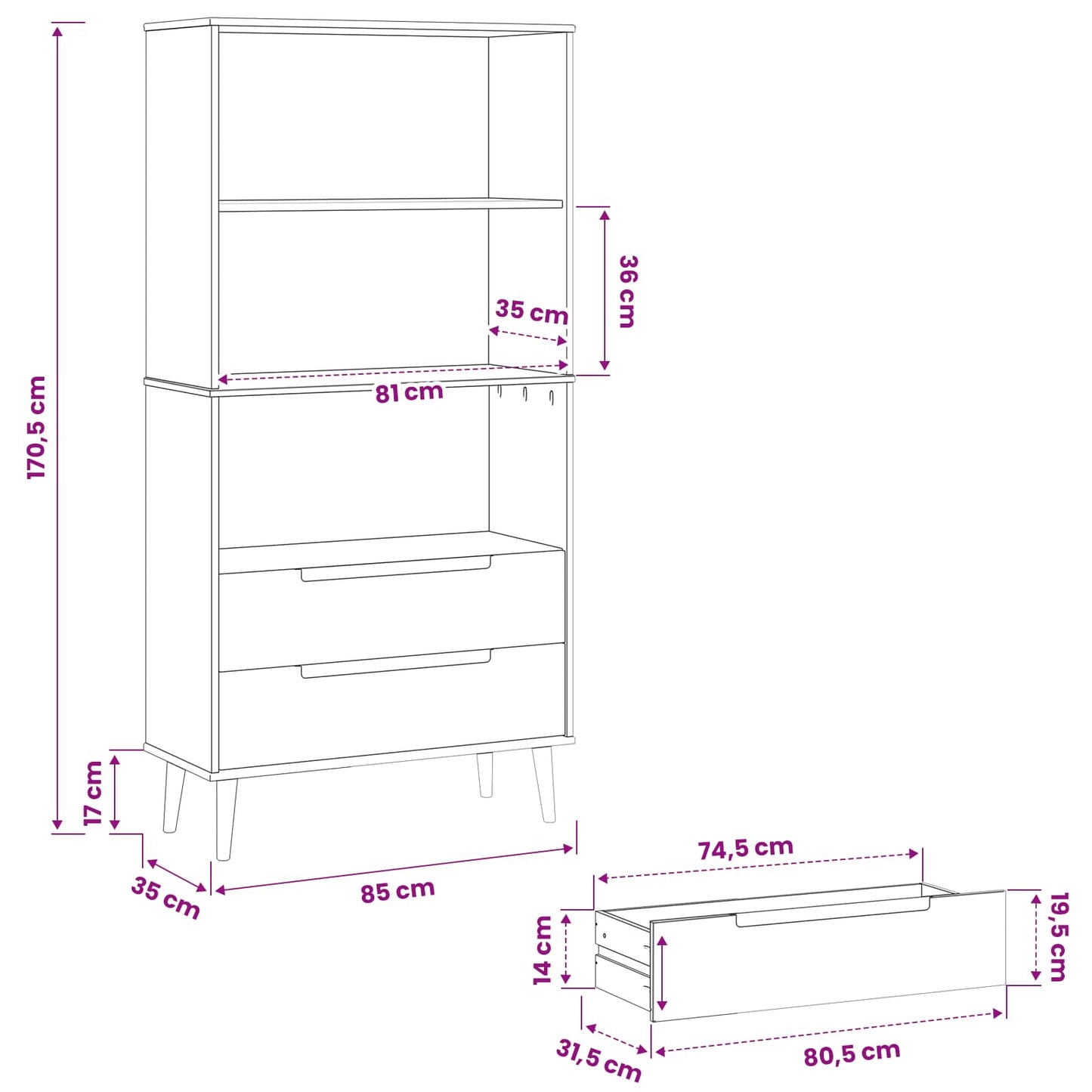 Bücherregal MOLDE 85 x 35 x 170,5 cm Massives Kiefernholz